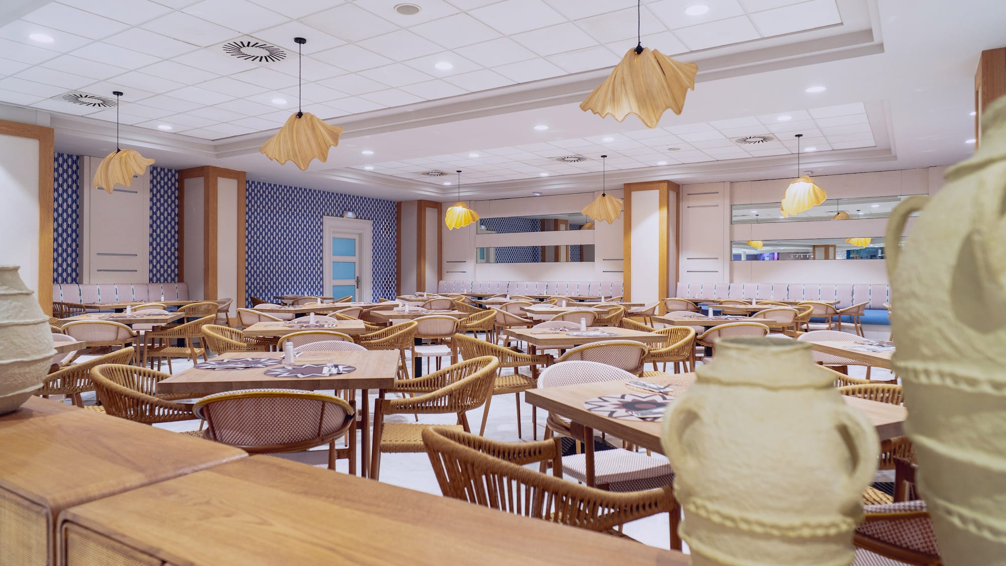 a room with tables and chairs