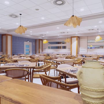 a room with tables and chairs