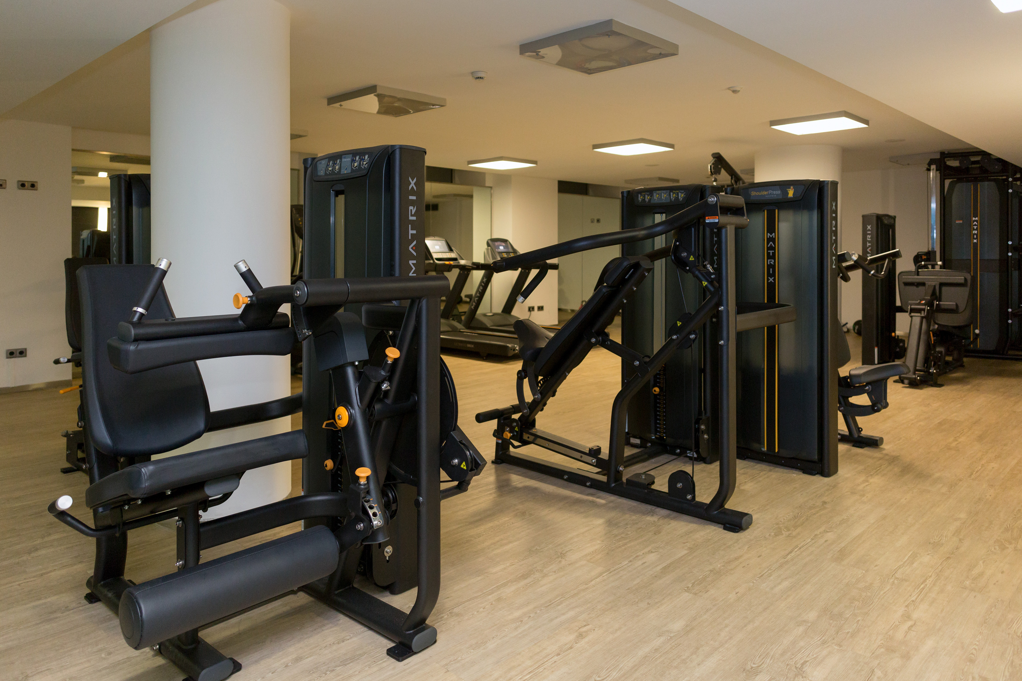 Modern gym interior with Matrix fitness equipment, treadmills, and light wood flooring.