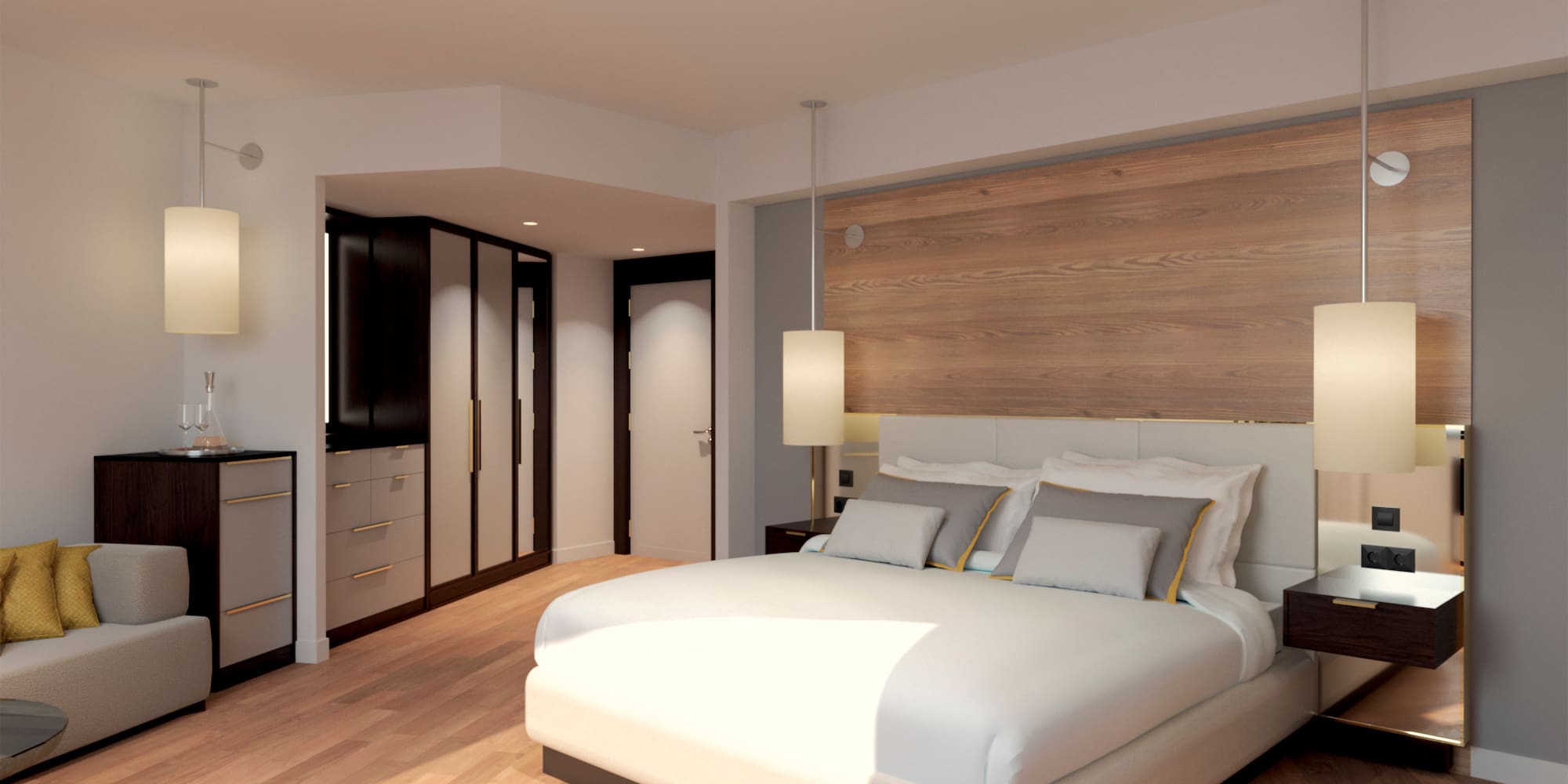 a bedroom with a large bed and a wood wall