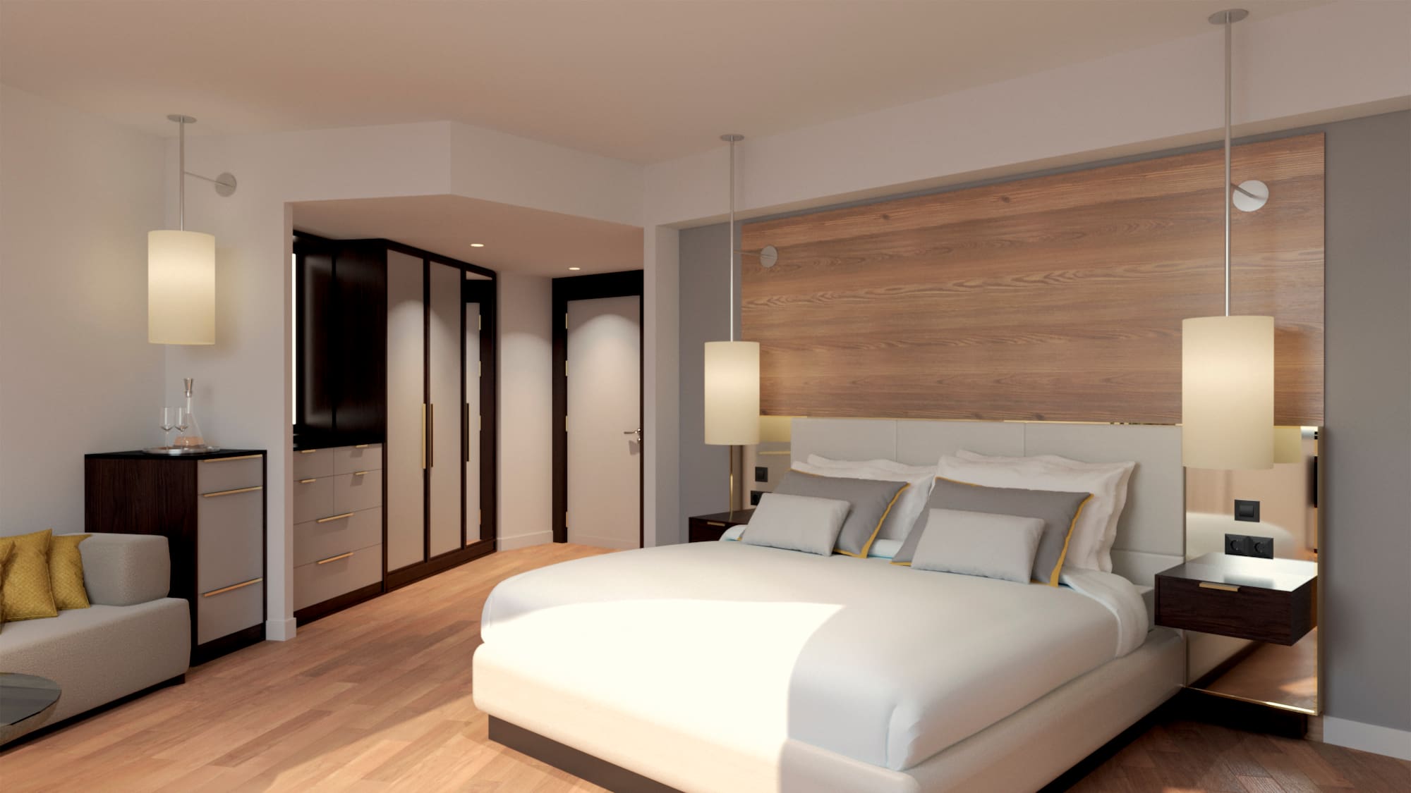 a bedroom with a large bed and a wood wall