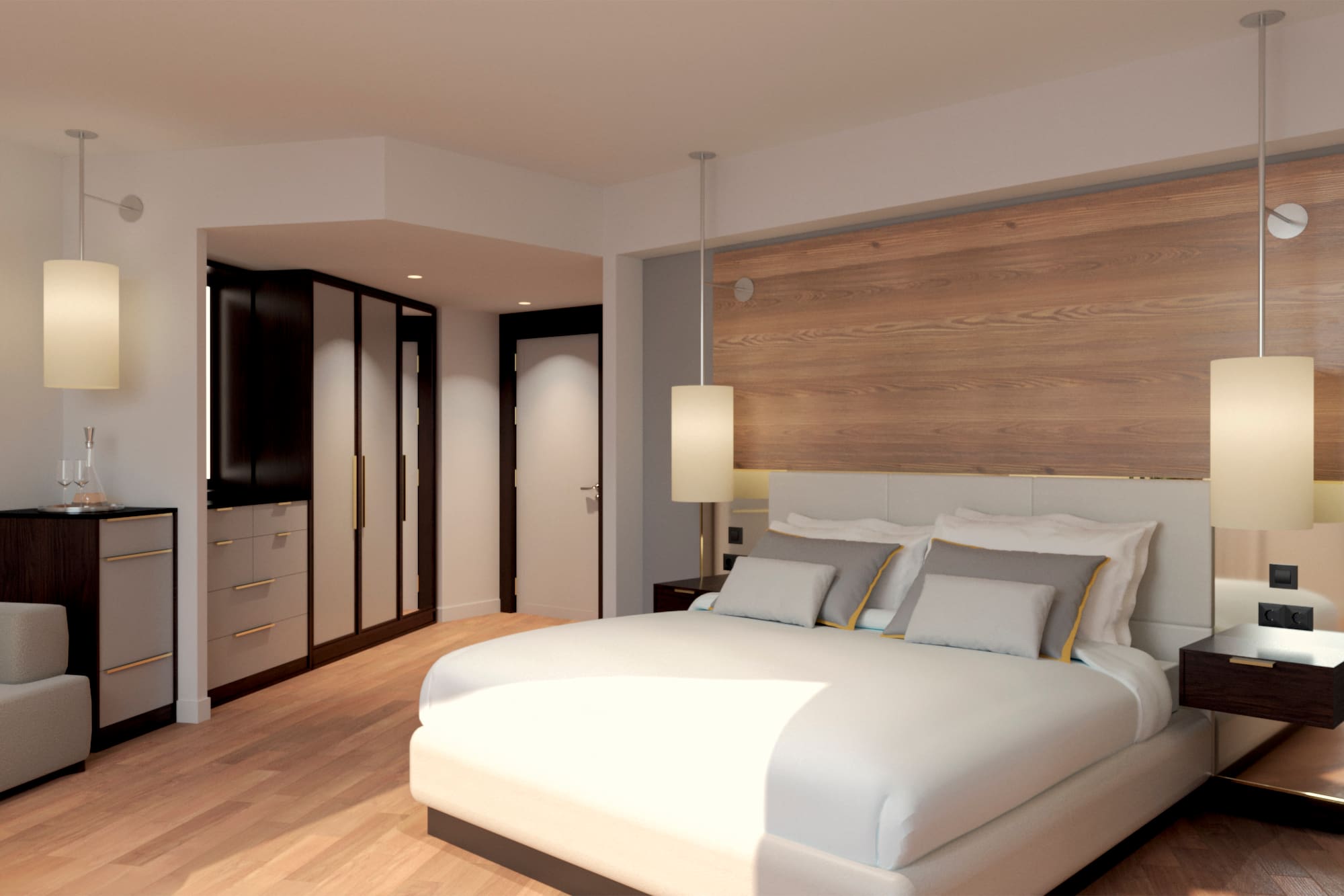 a bedroom with a large bed and a wood wall