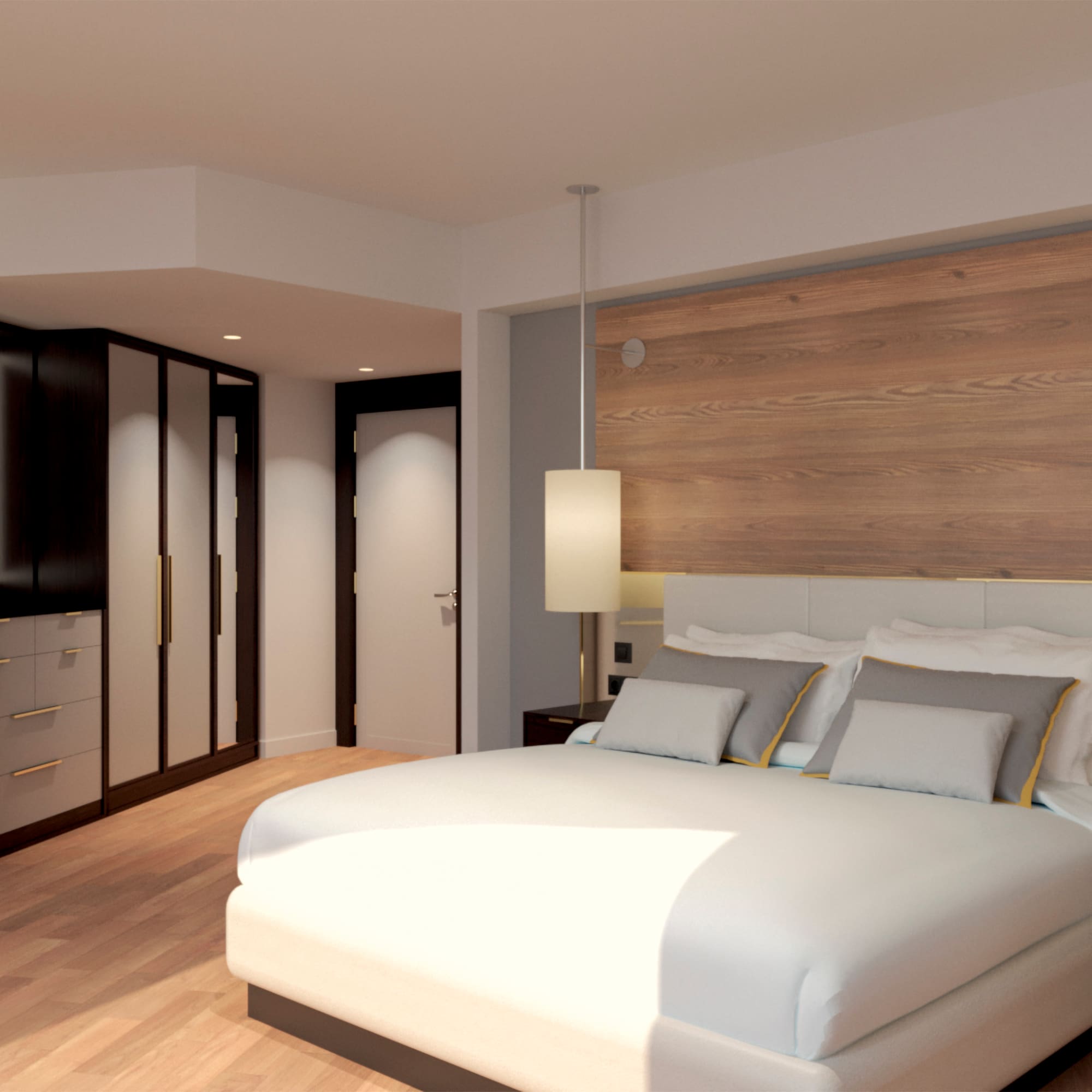 a bedroom with a large bed and a wood wall
