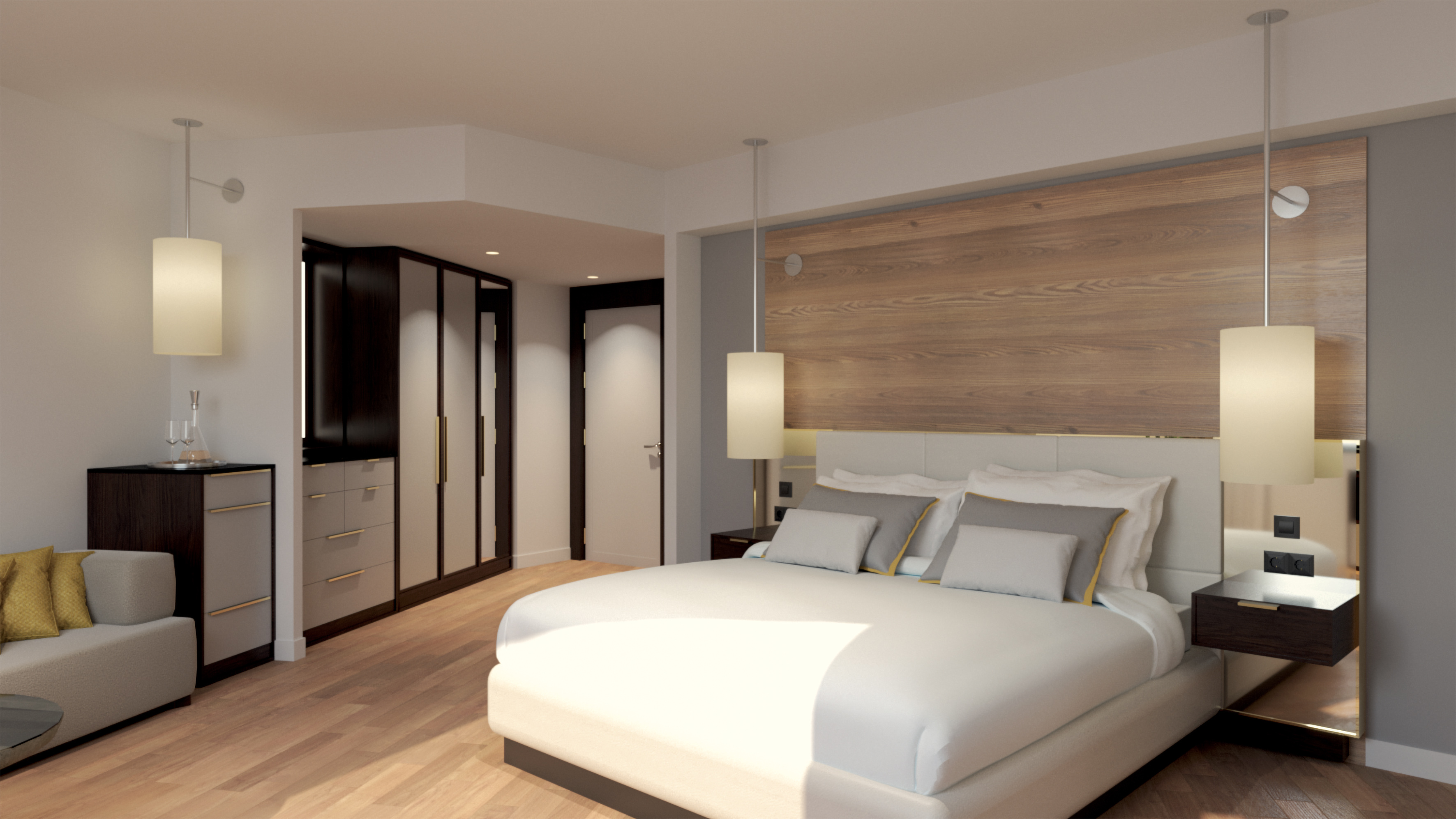 a bedroom with a large bed and a wood wall