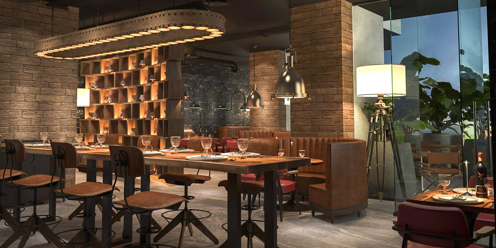 a restaurant with a long table and chairs