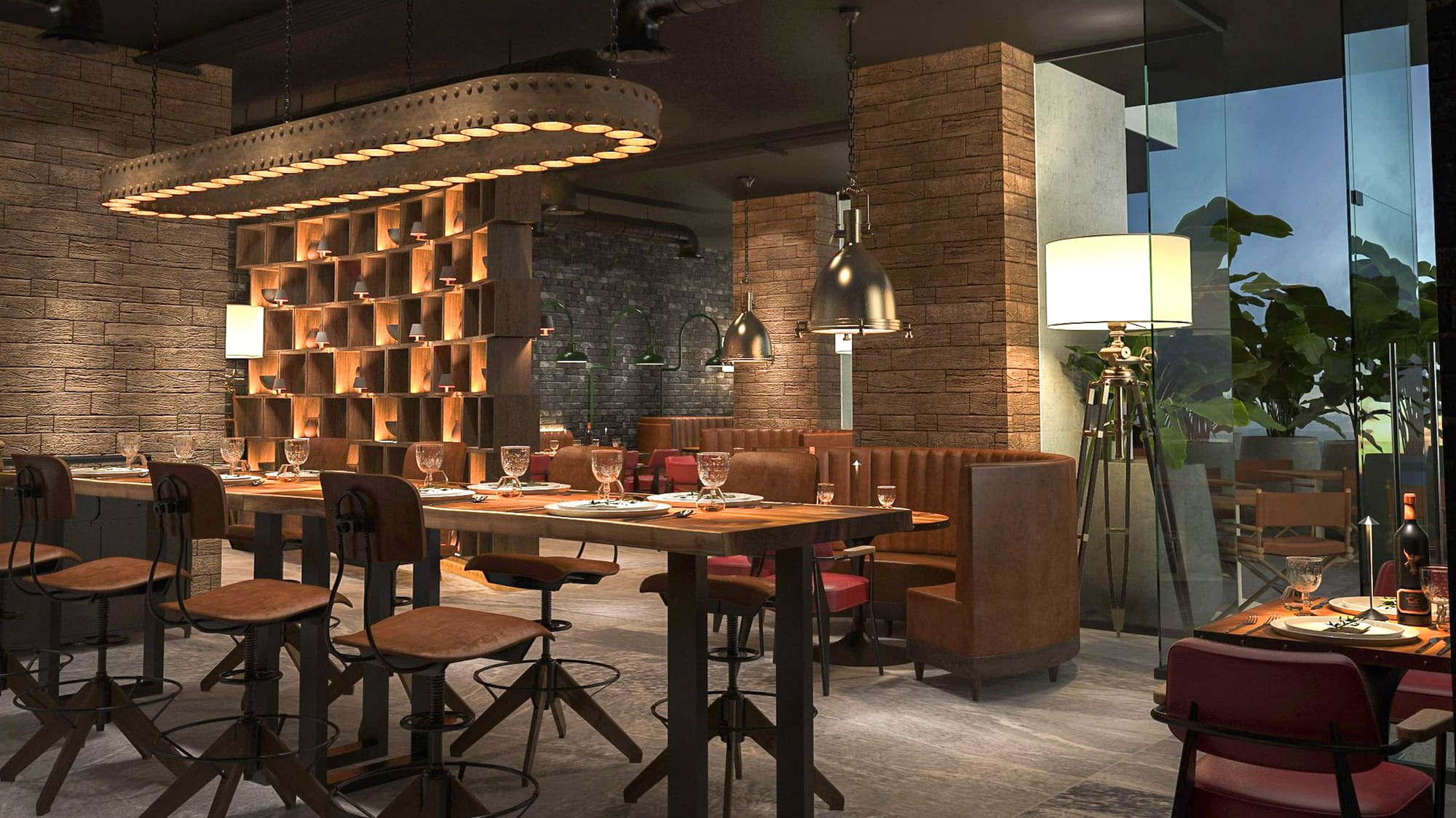 a restaurant with a long table and chairs