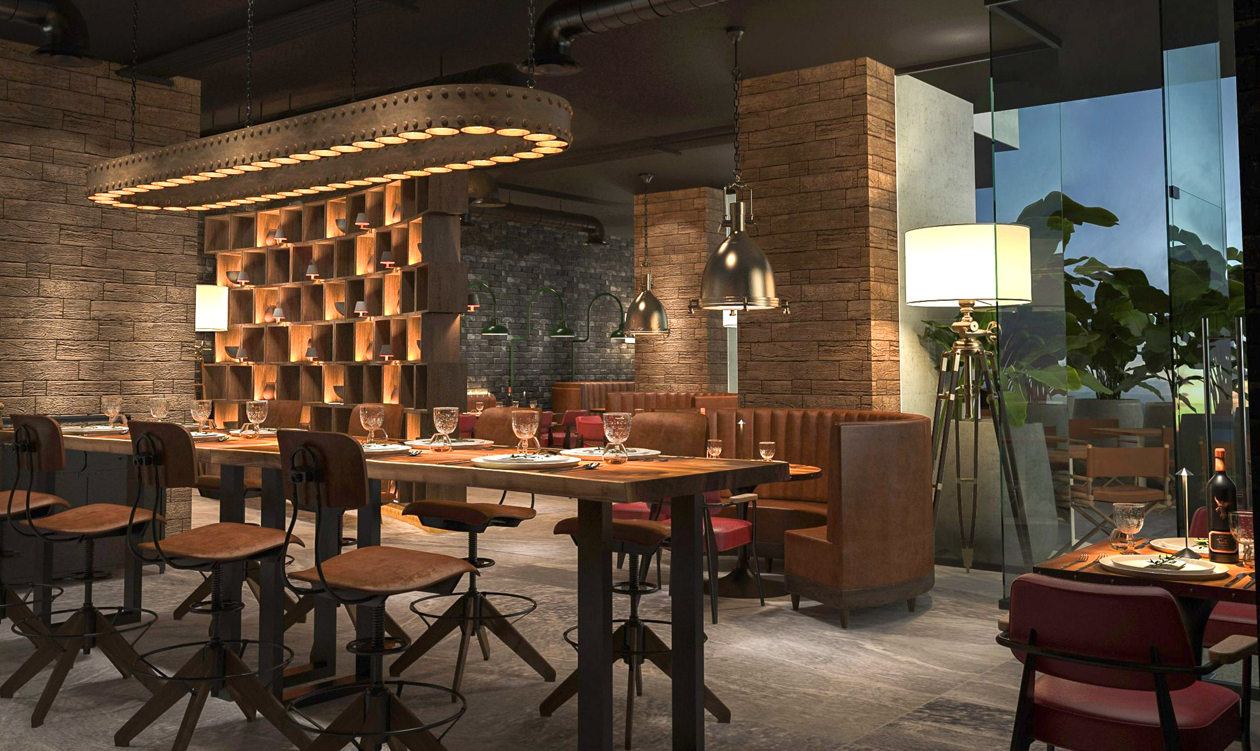 a restaurant with a long table and chairs