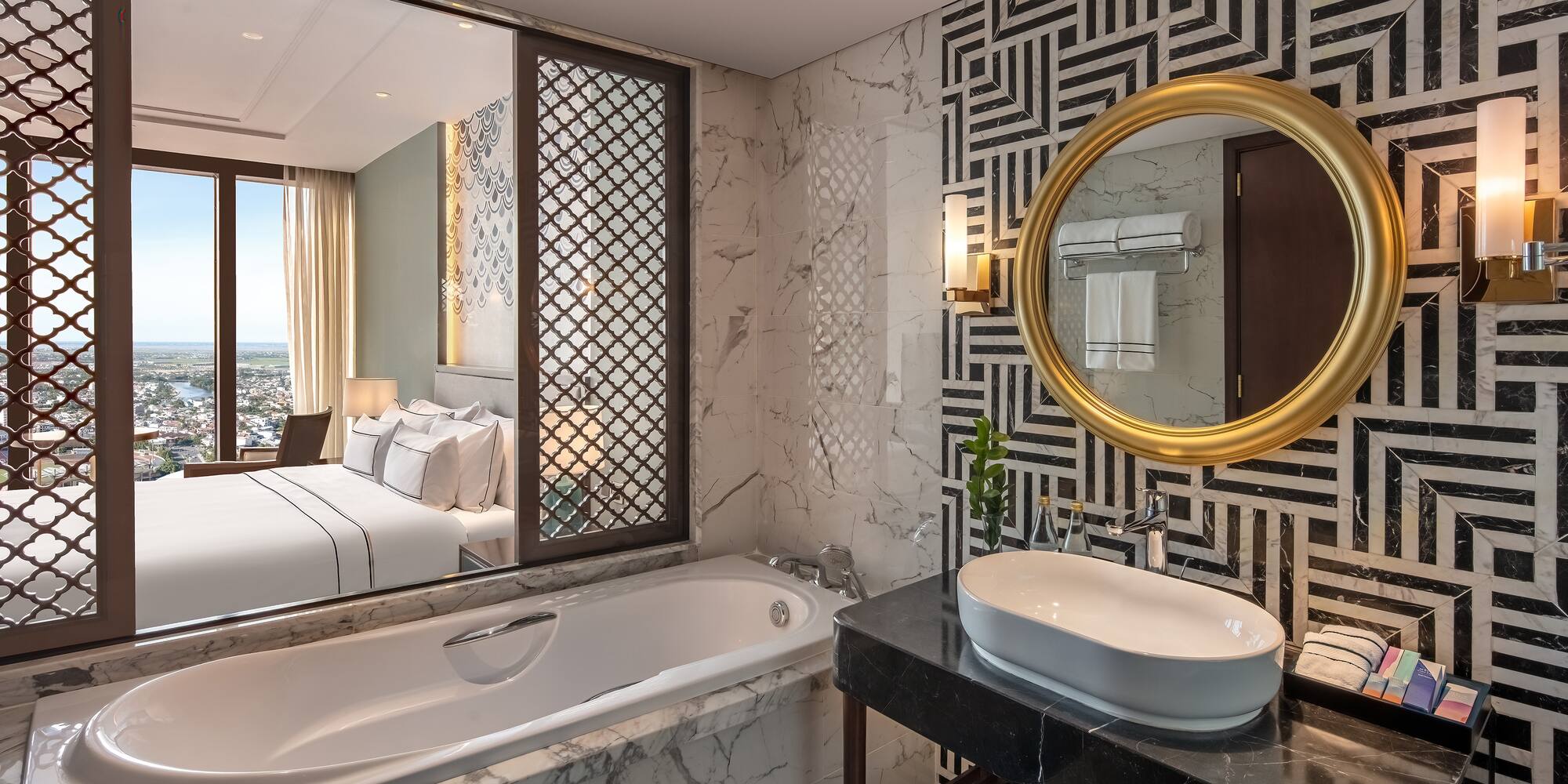 a bathroom with a bathtub and a mirror