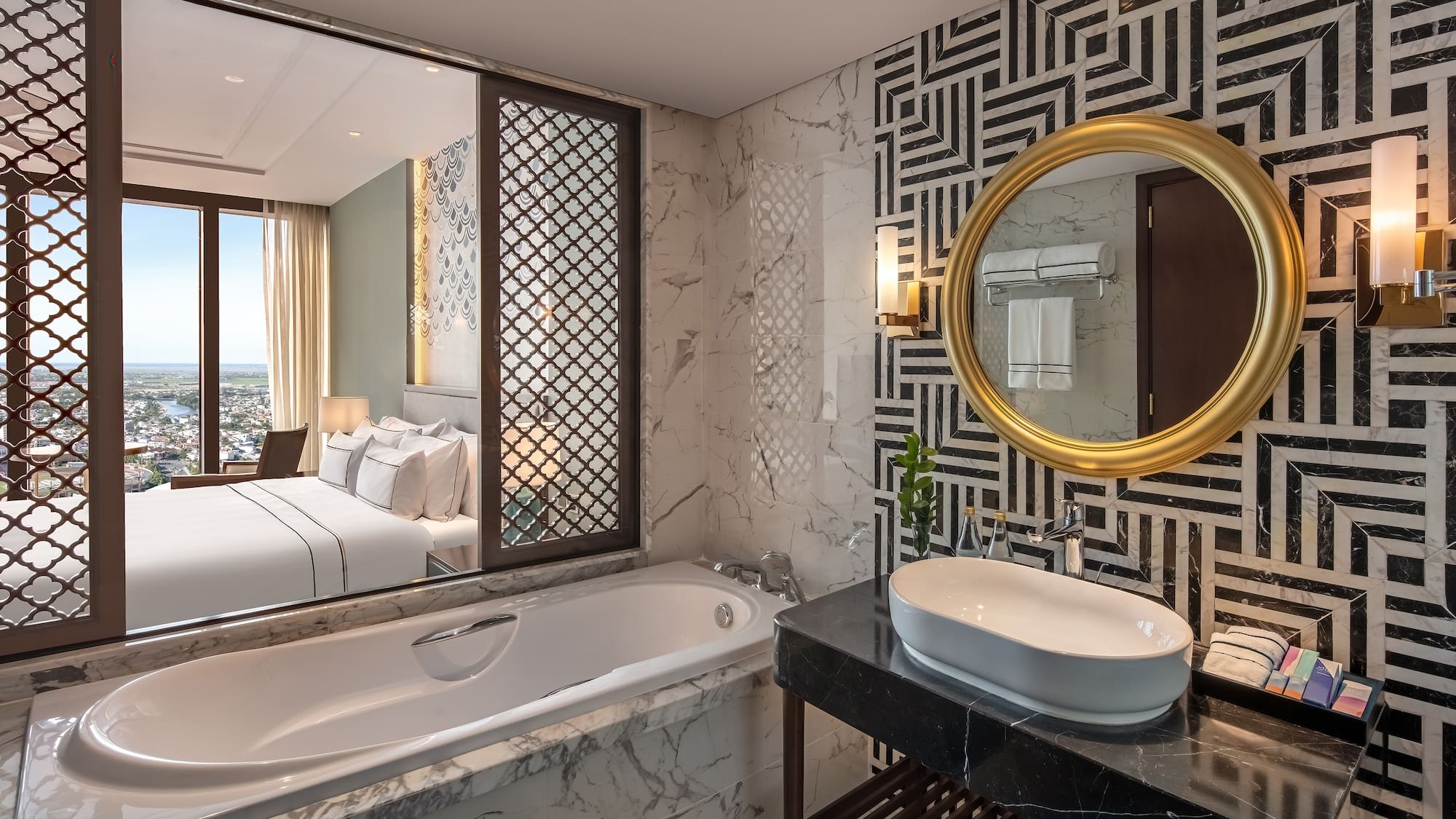 a bathroom with a bathtub and a mirror