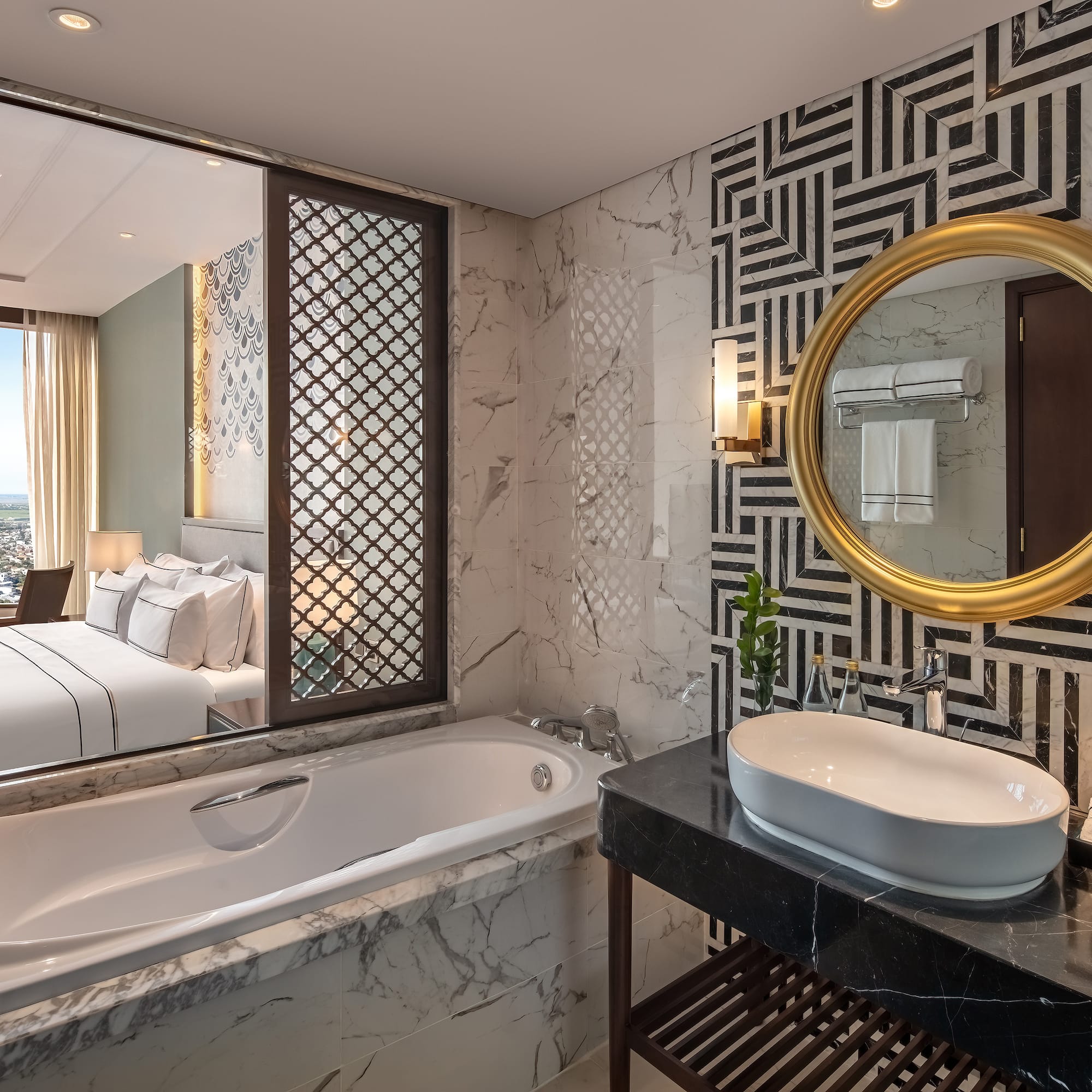 a bathroom with a bathtub and a mirror