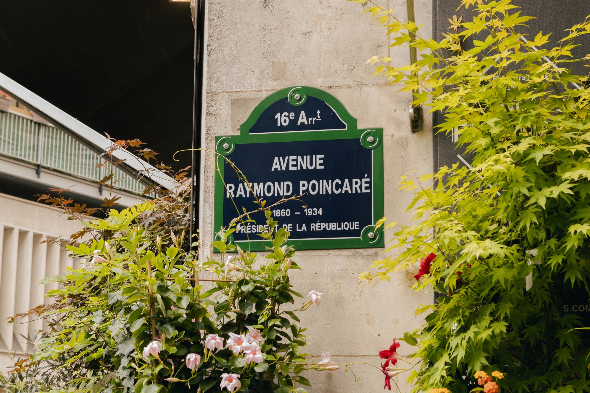 a sign on a wall with plants and flowers