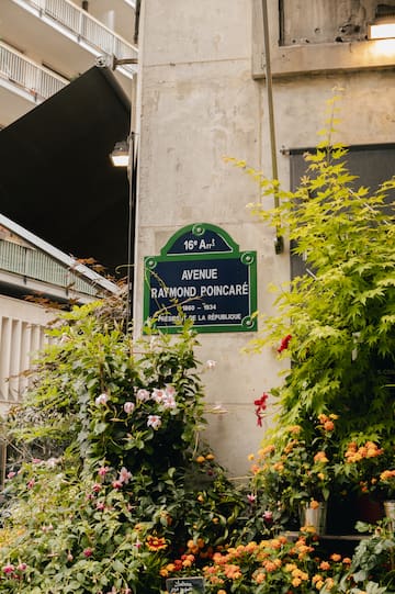 a sign on a wall with plants and flowers