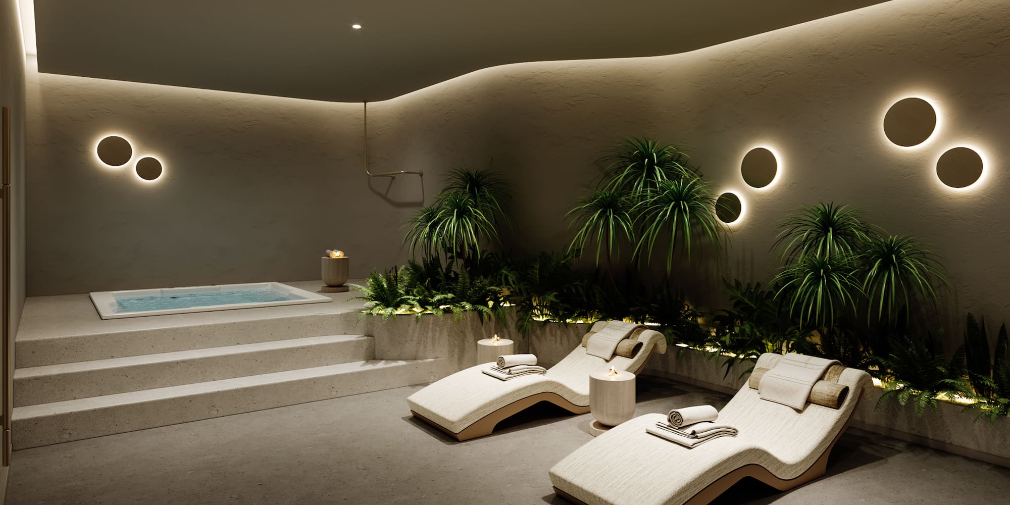 Modern spa with jacuzzi, lounge chairs, lush plants, and circular wall lights.