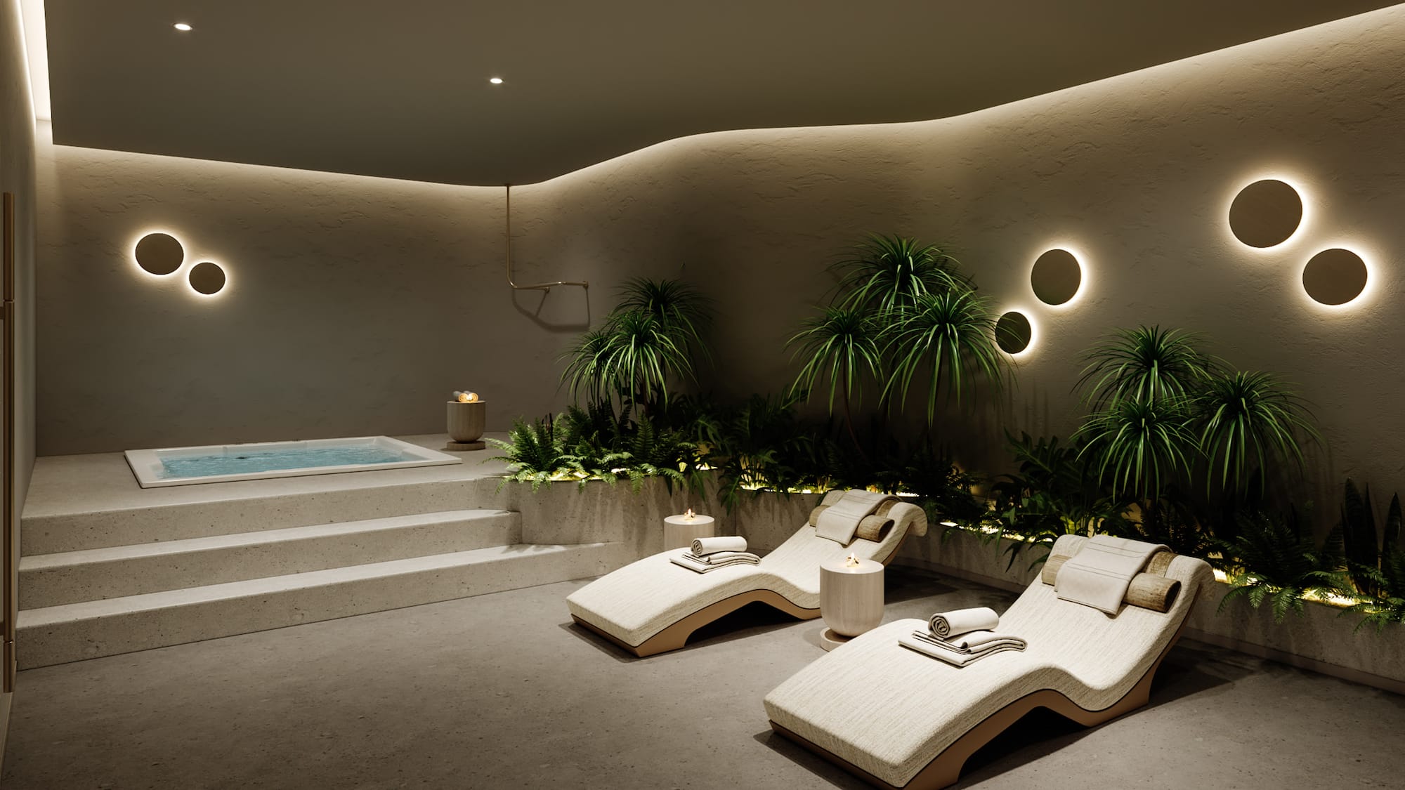 Modern spa with jacuzzi, lounge chairs, lush plants, and circular wall lights.
