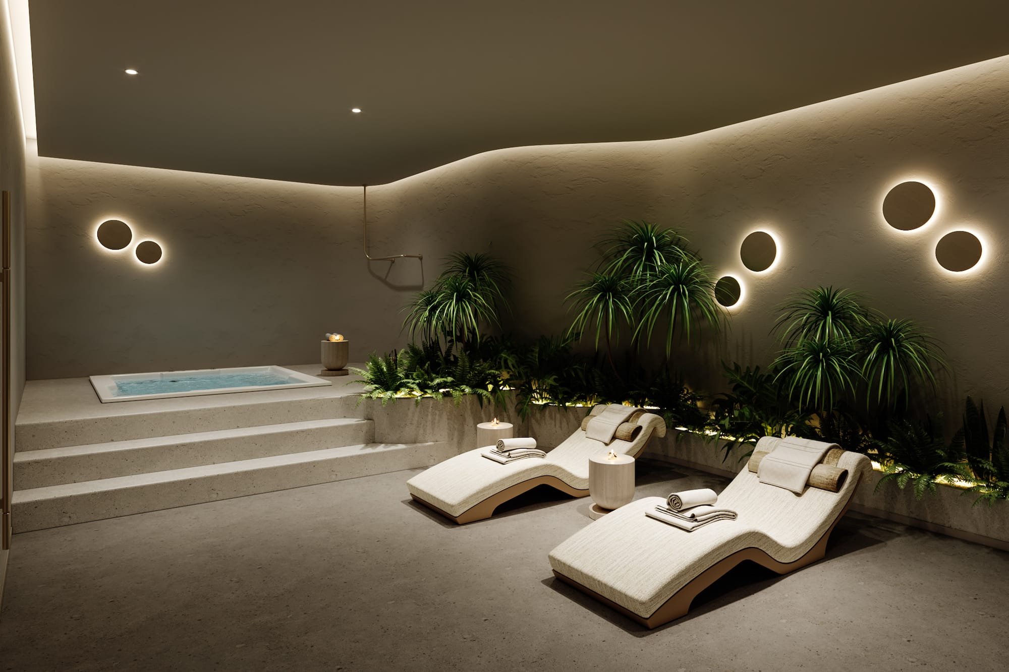 a pool with lounge chairs and plants