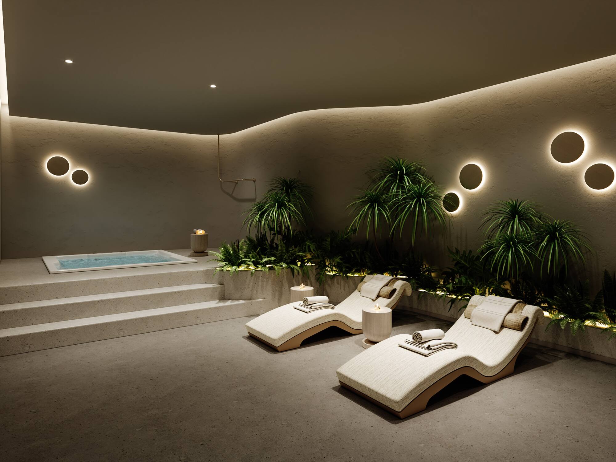 a pool with lounge chairs and plants