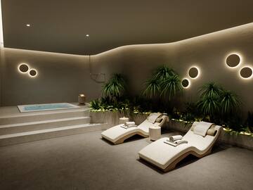 a pool with lounge chairs and plants