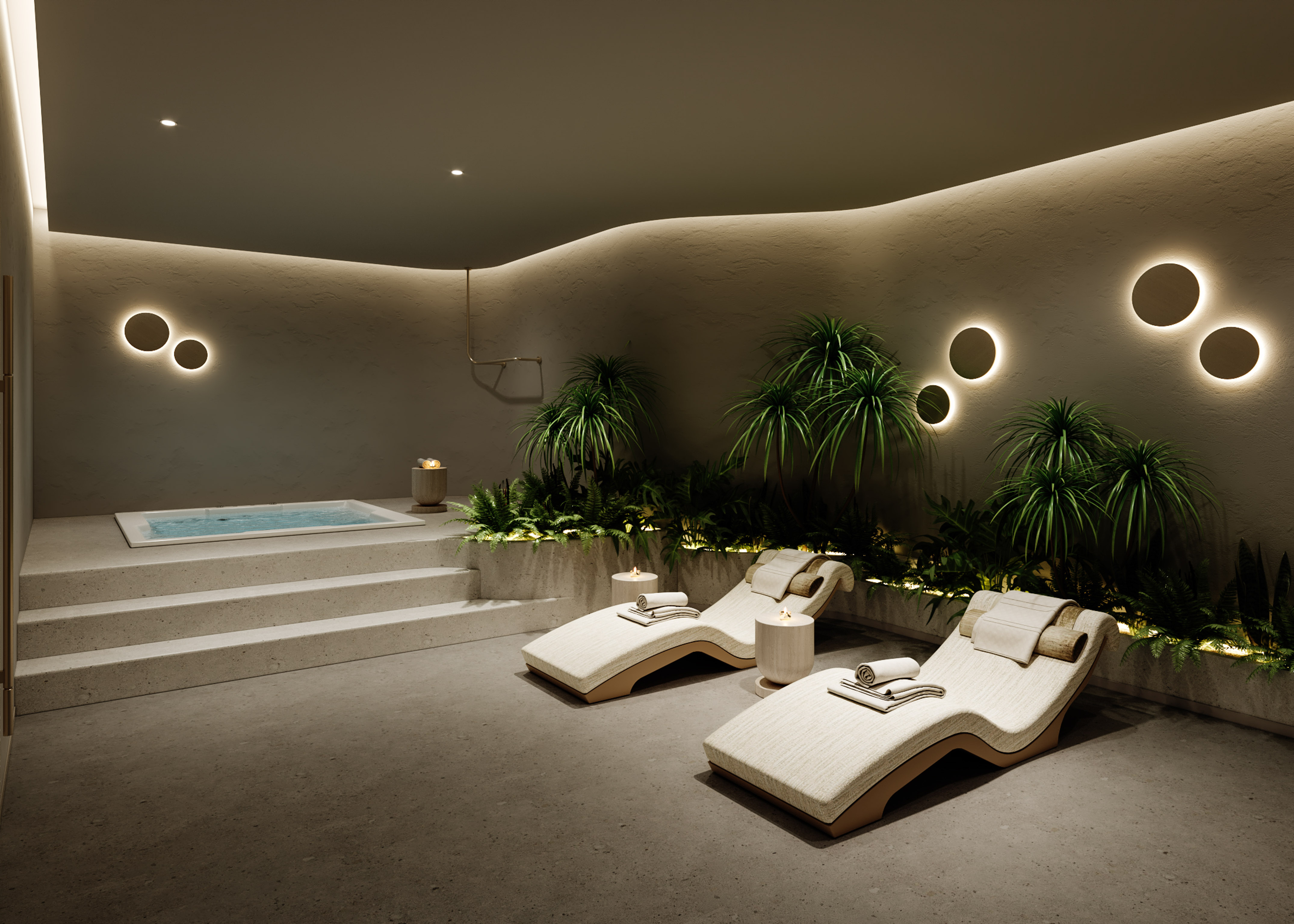 Modern spa with jacuzzi, lounge chairs, lush plants, and circular wall lights.