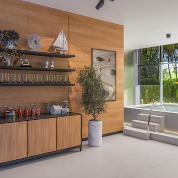 a room with a pool and a wood wall and shelves