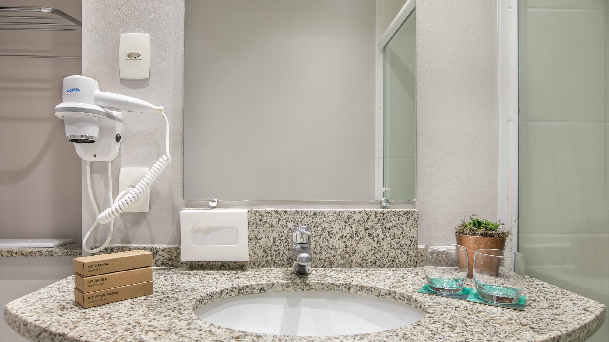 a sink with a mirror and a plant