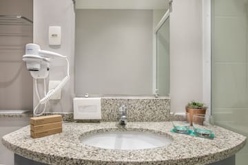 a sink with a mirror and a plant