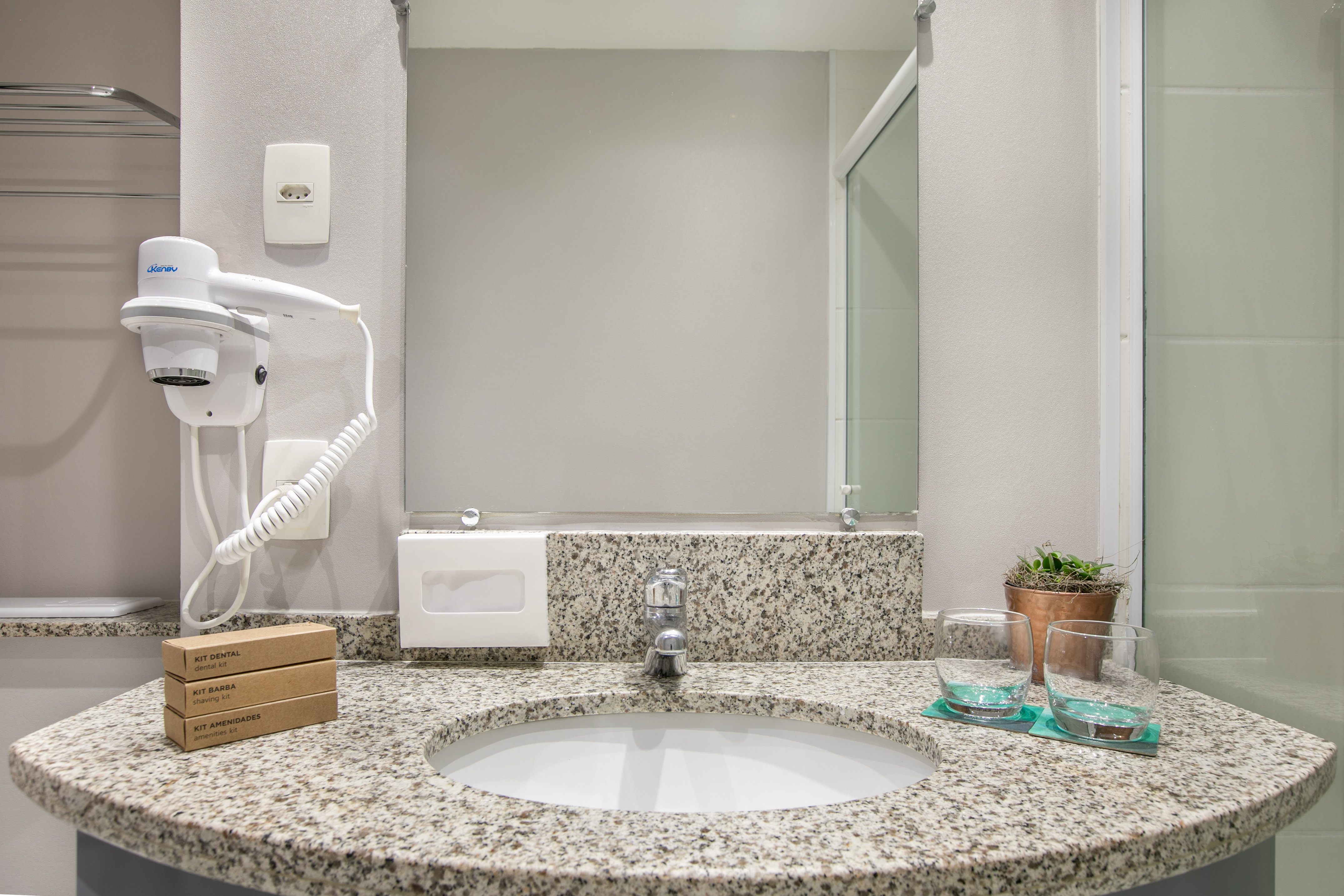 a sink with a mirror and a plant