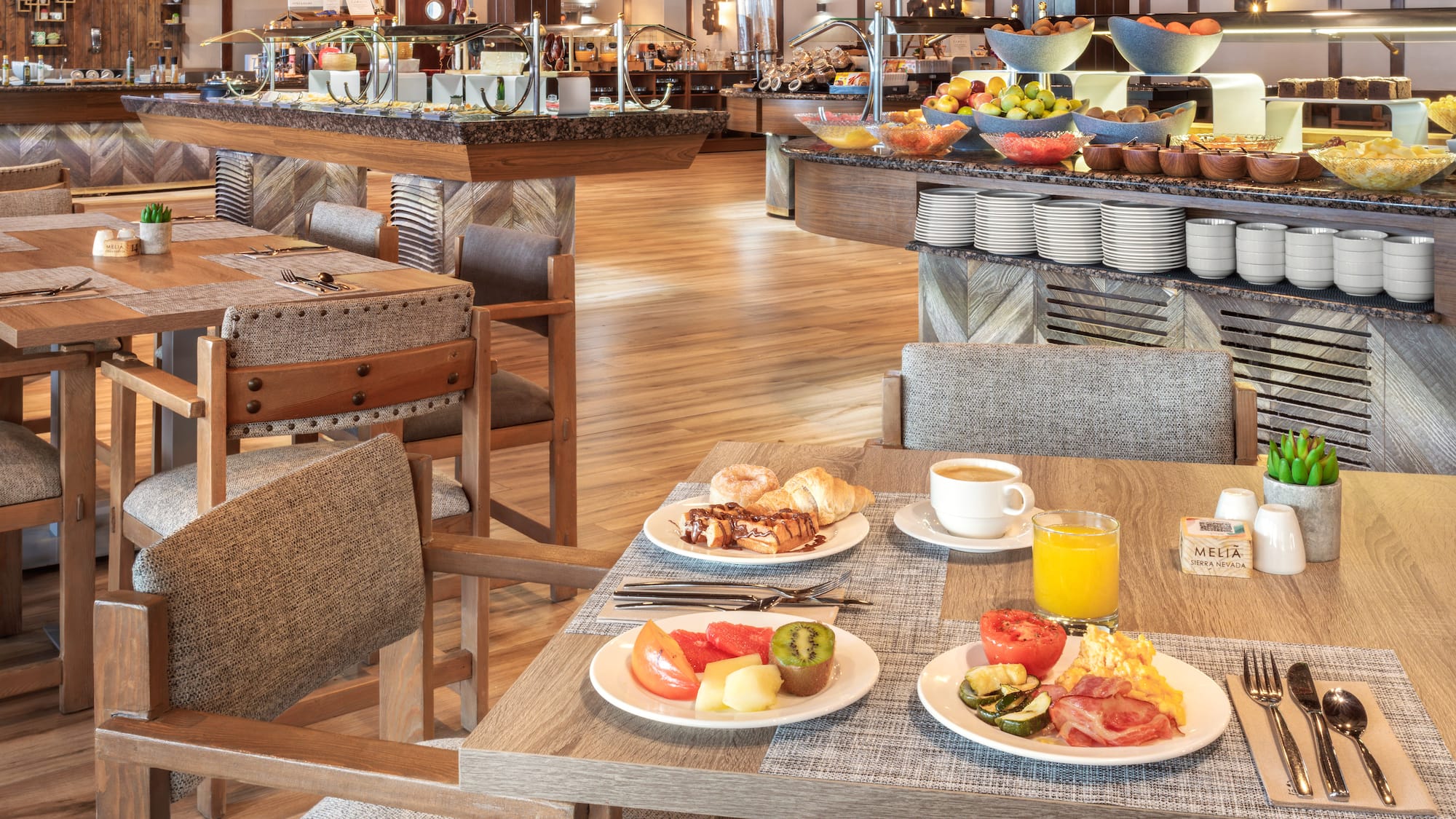 a restaurant with food on plates