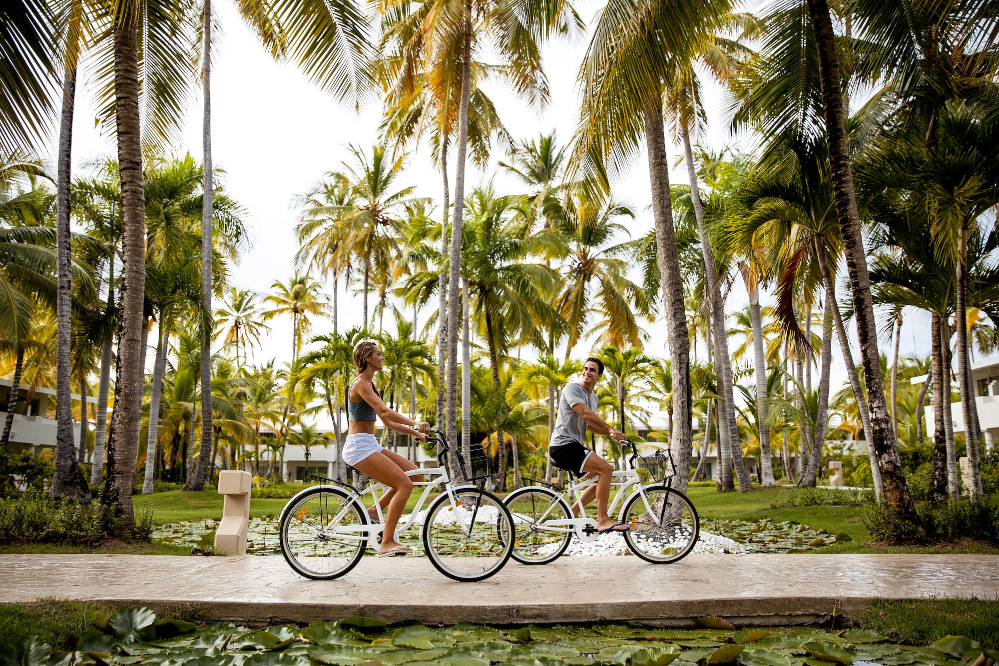 a man and woman riding bicycles under palm trees