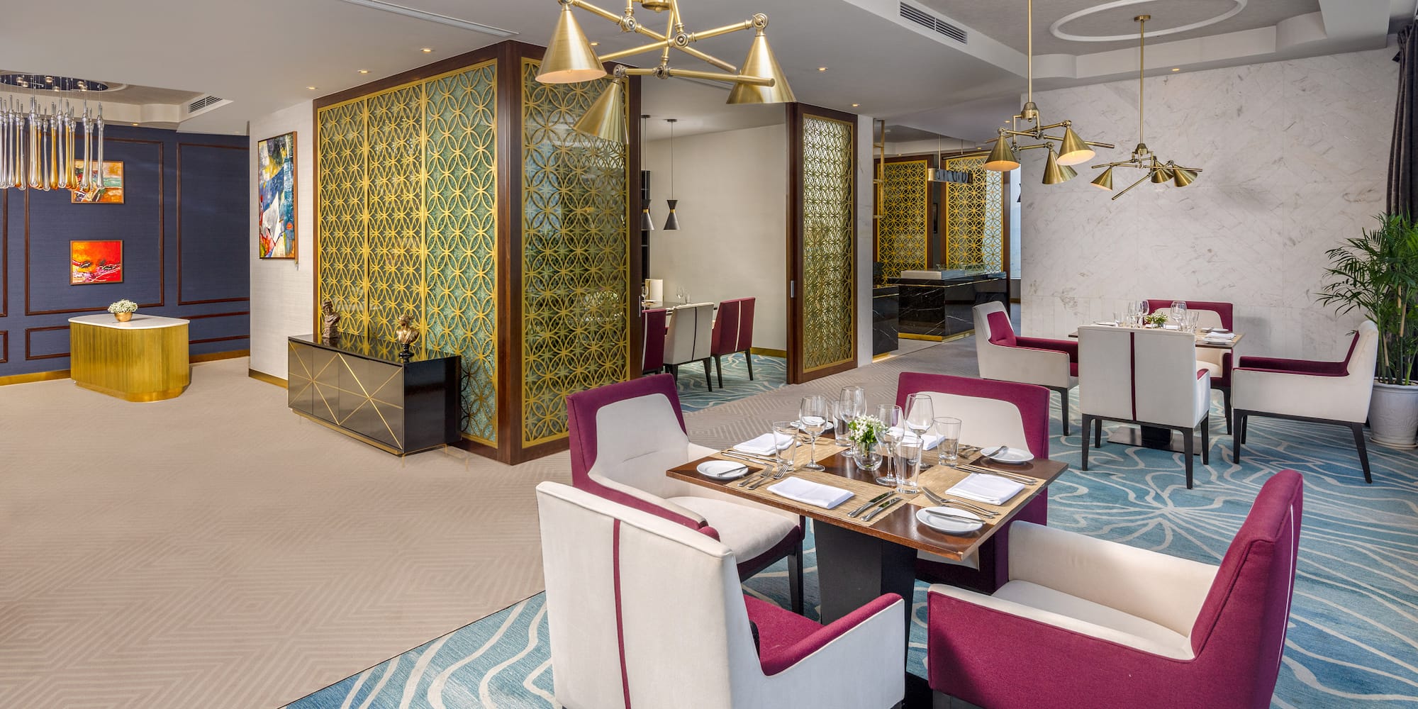 a room with tables and chairs