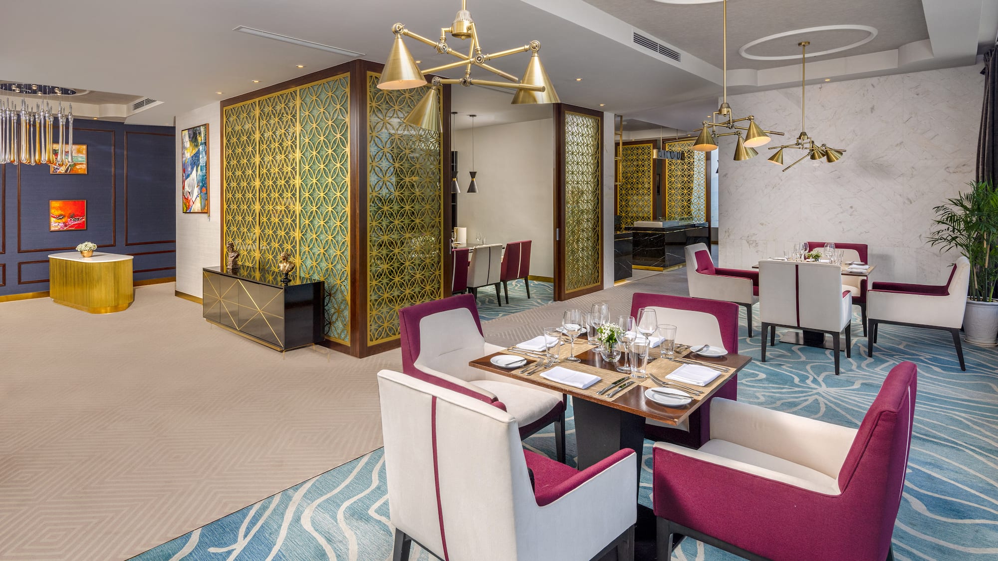 a room with tables and chairs