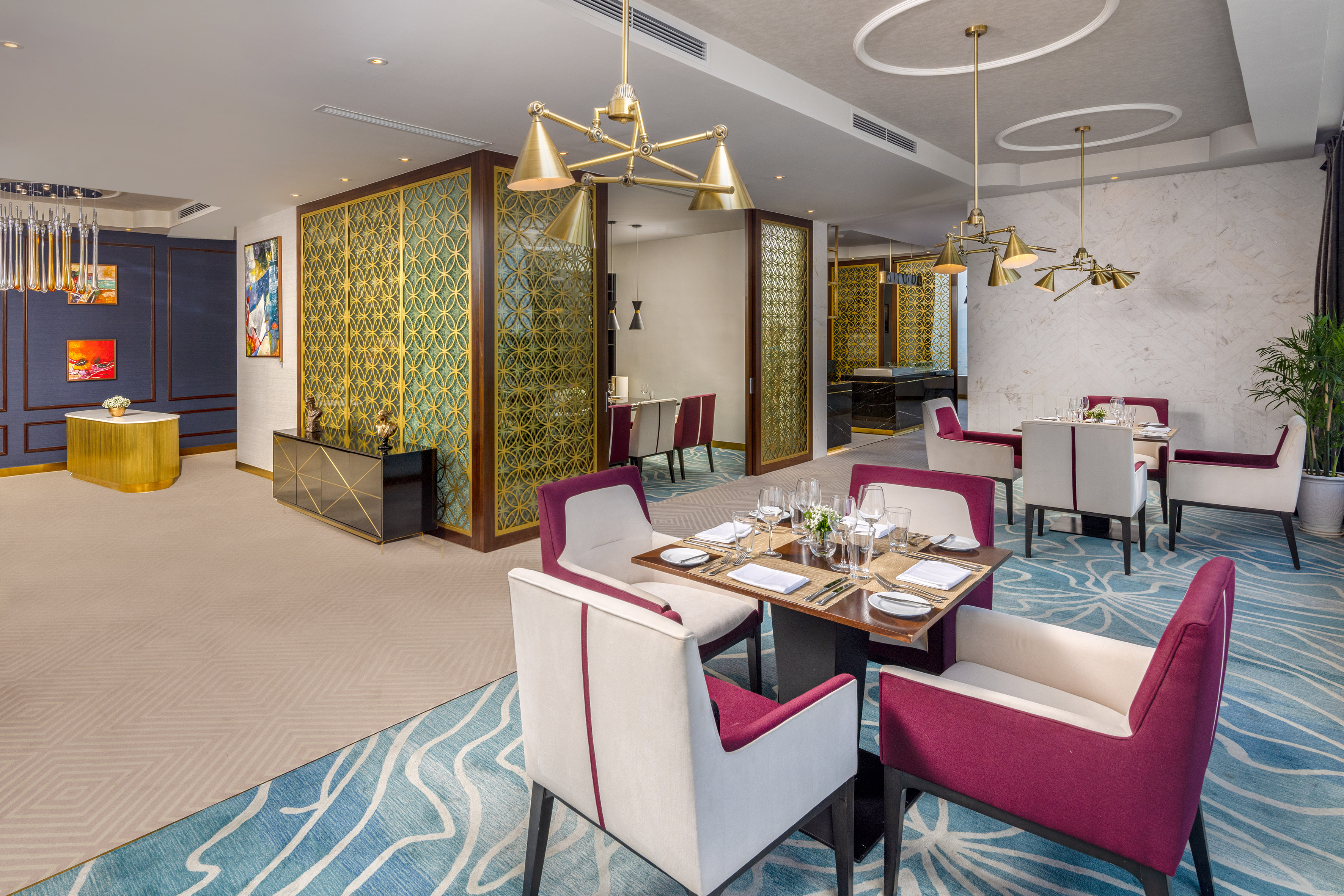 a room with tables and chairs