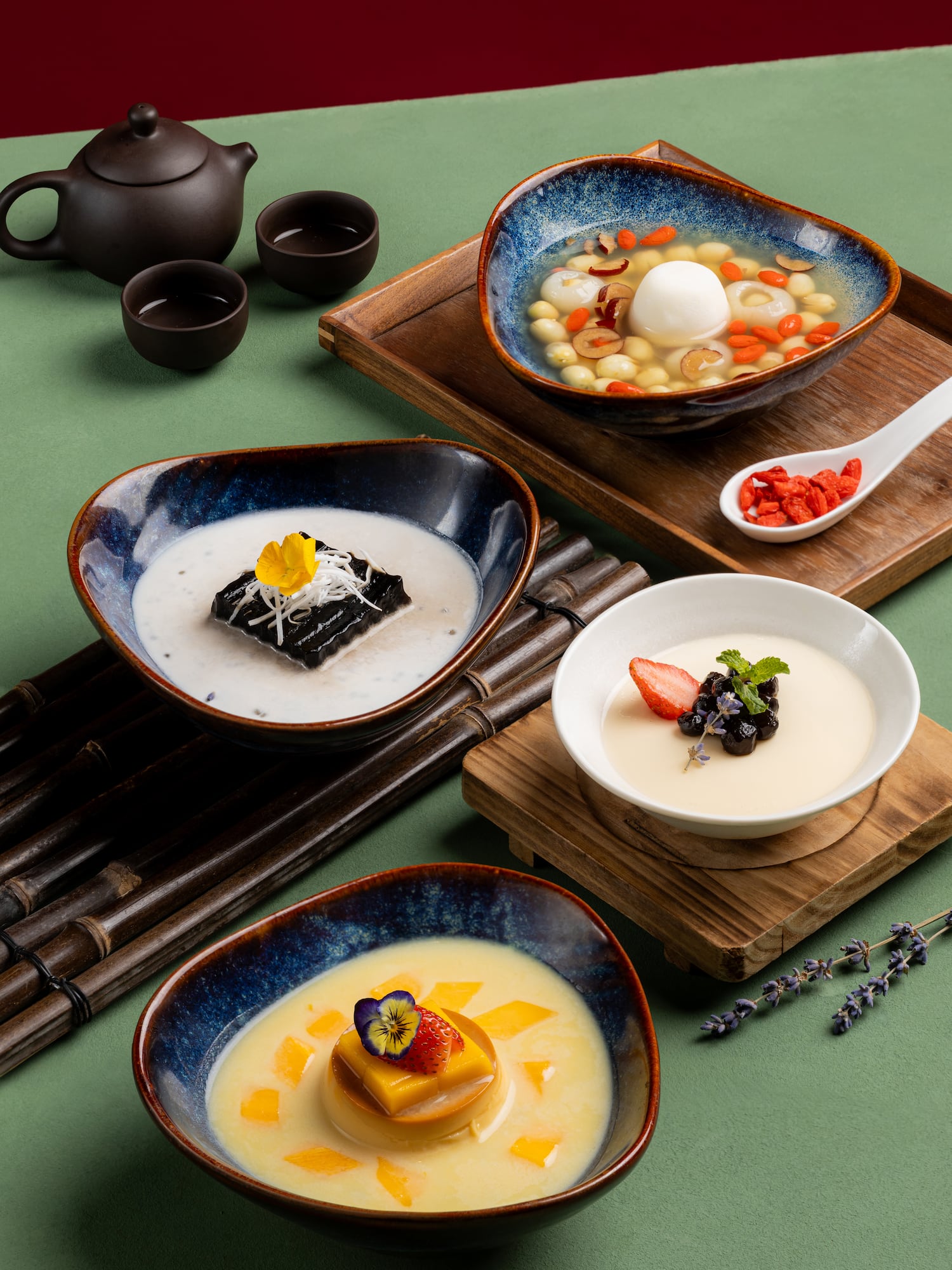 a group of bowls of food