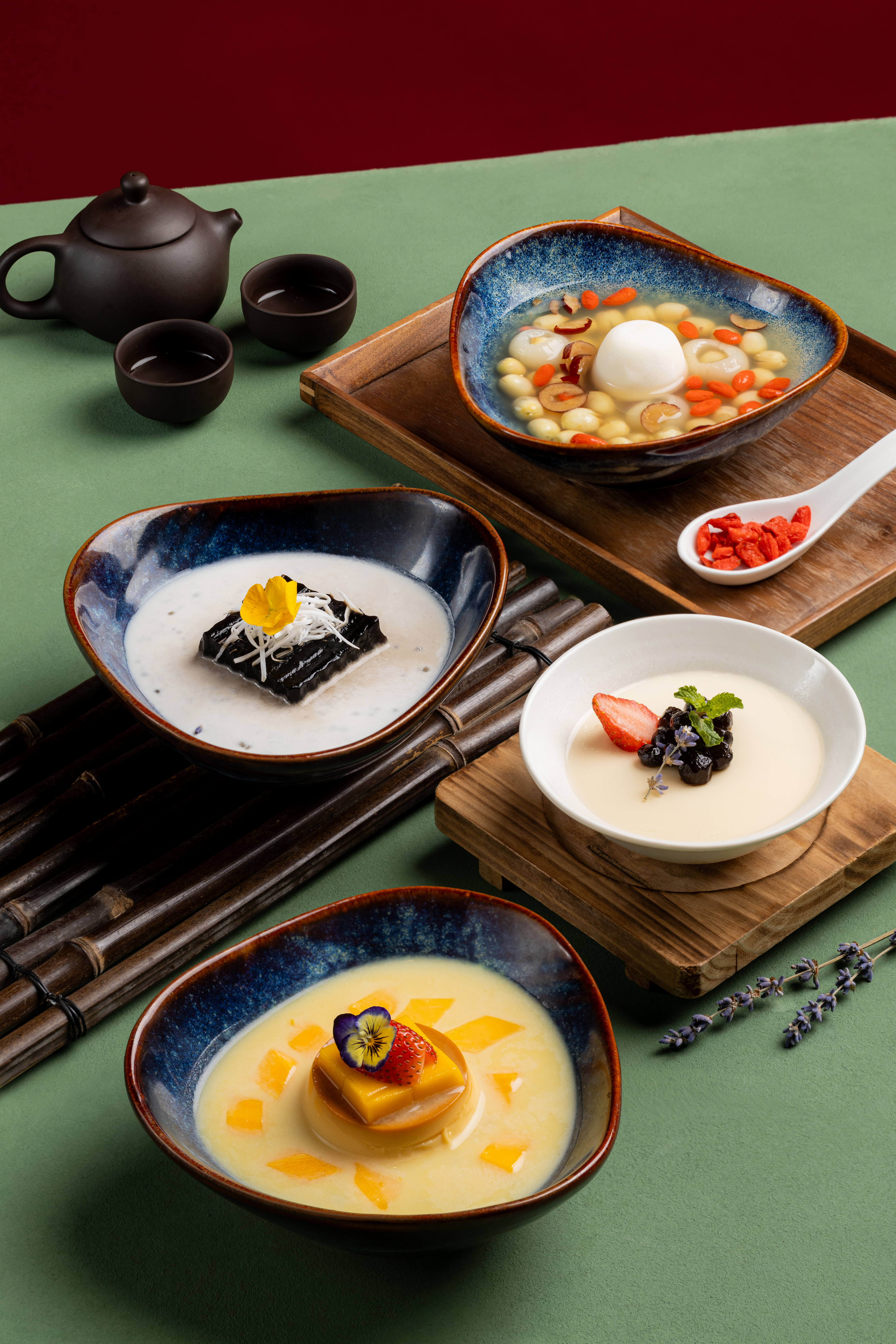 a group of bowls of food