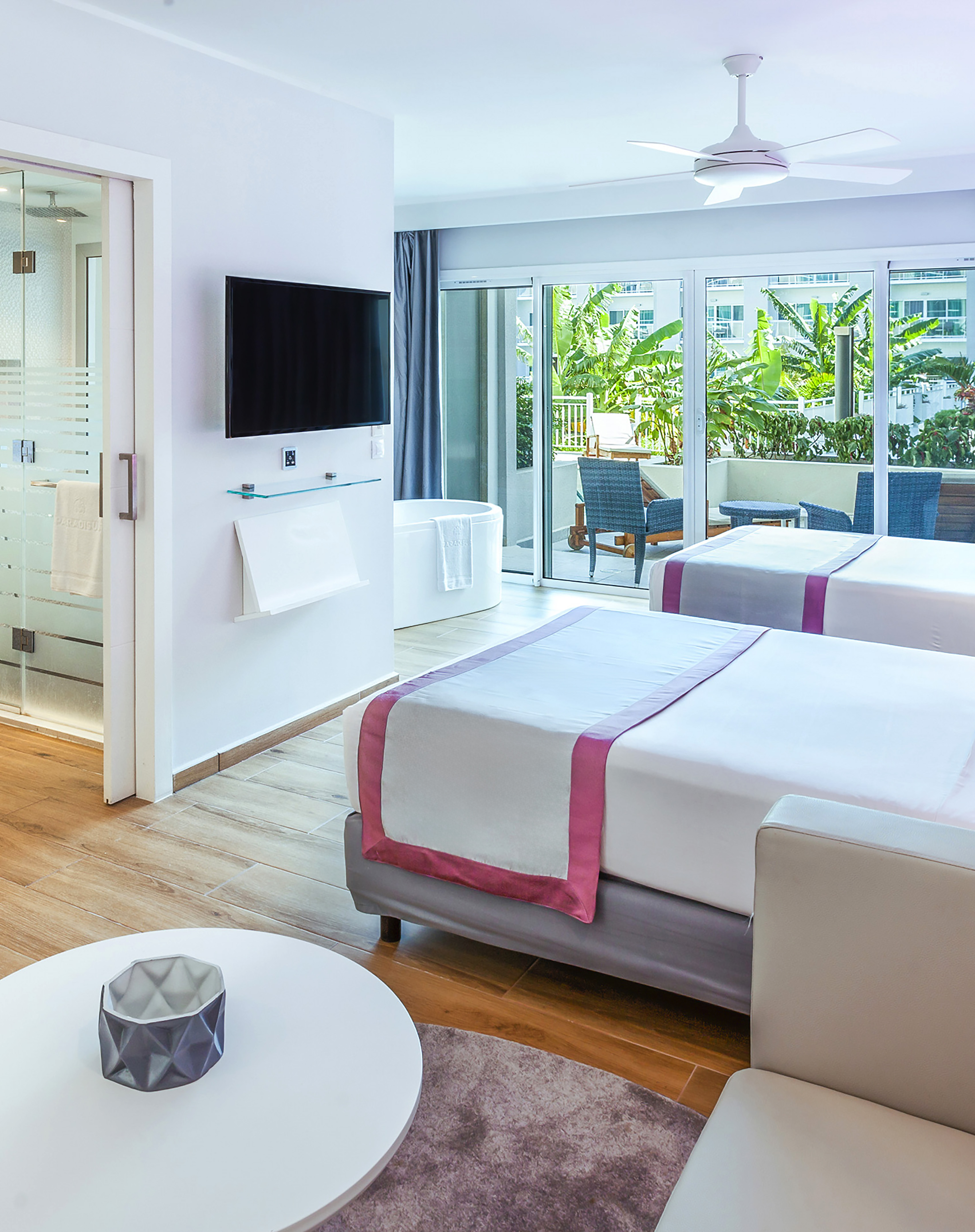 a room with two beds and a television