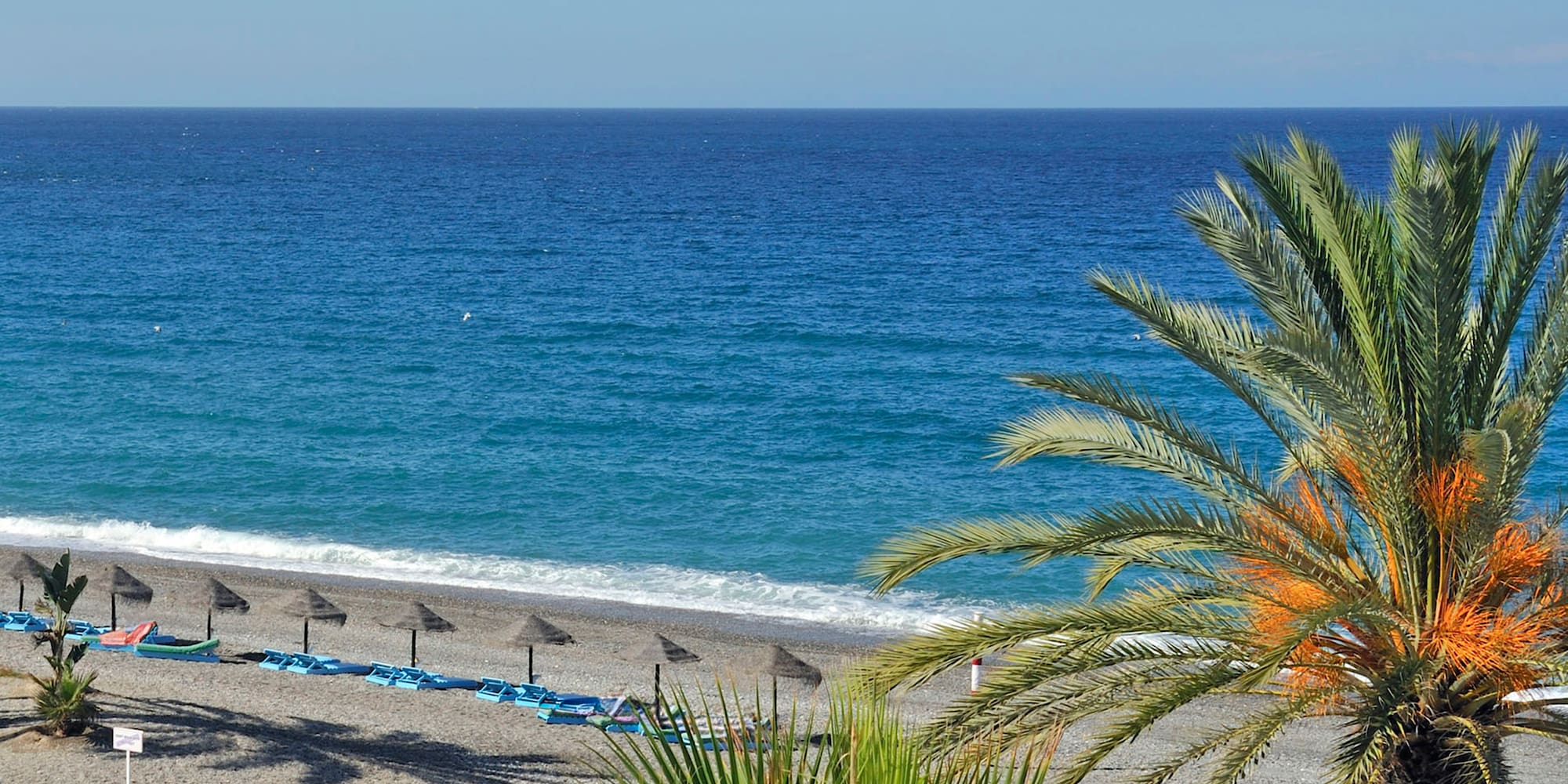 a beach with umbrellas and chairs