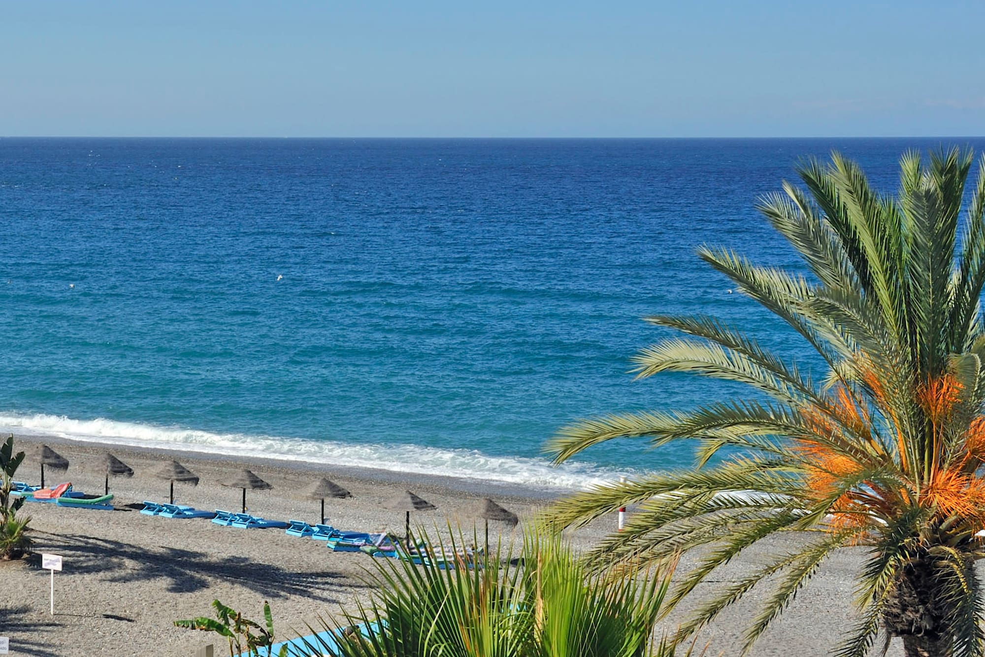 a beach with umbrellas and chairs