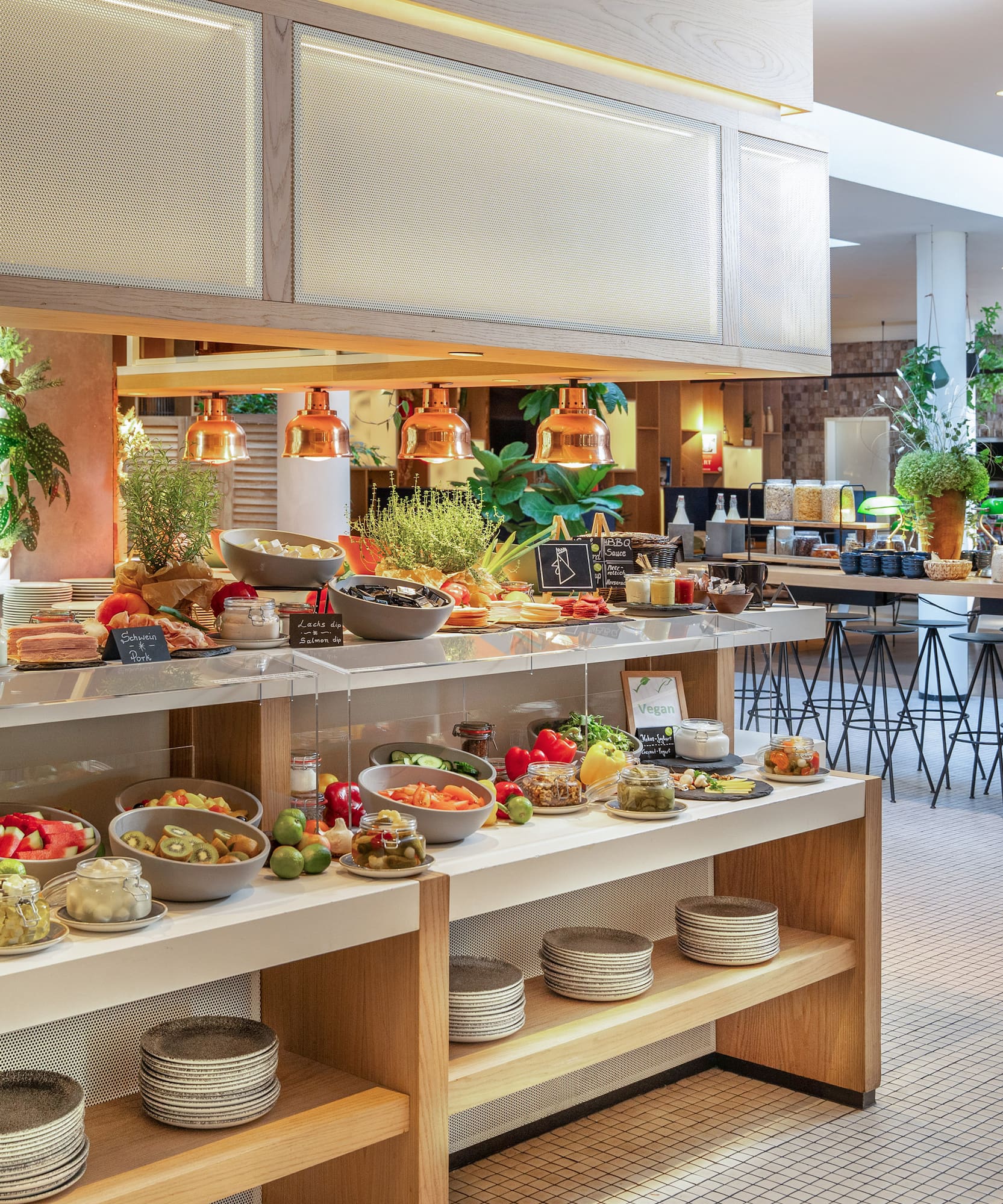 a buffet with food on shelves