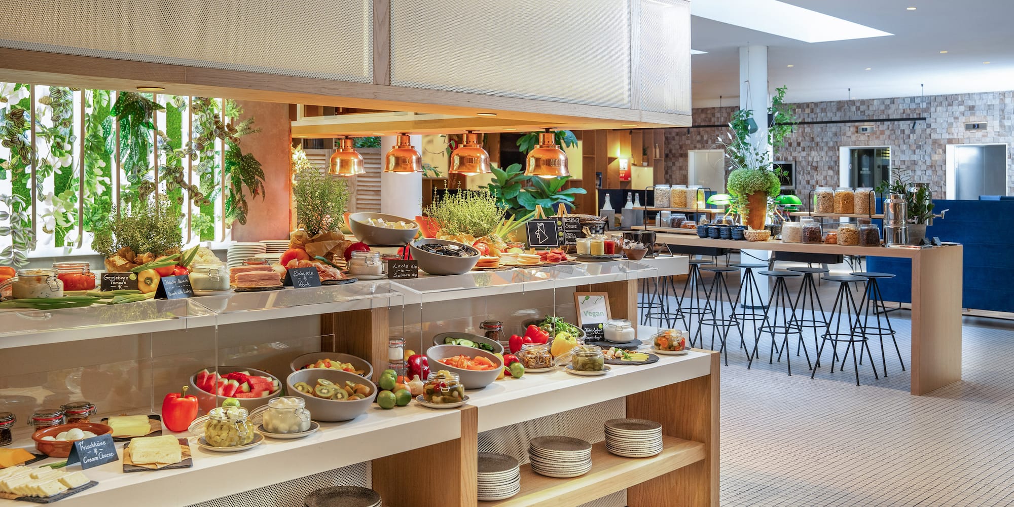 a buffet with food on shelves