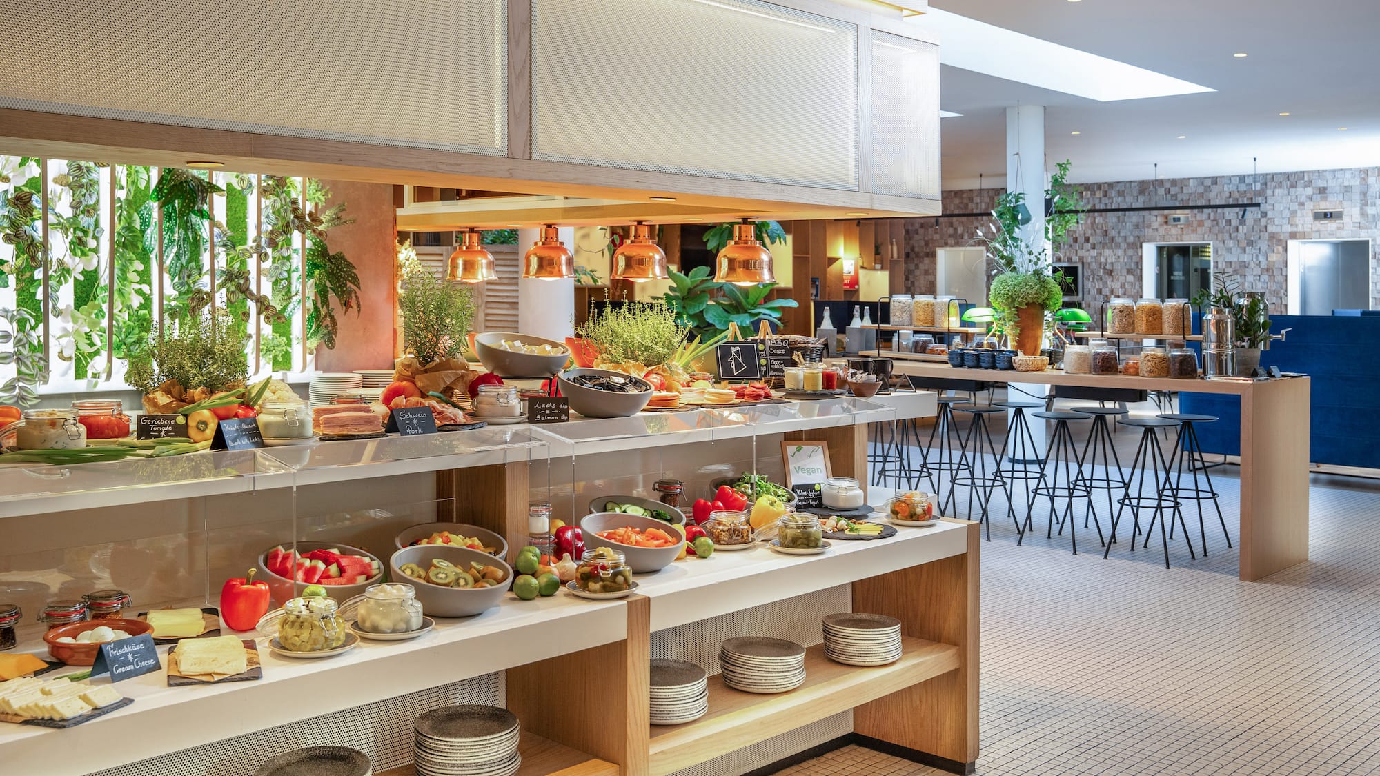 a buffet with food on shelves