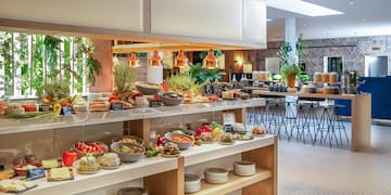 a buffet with food on shelves