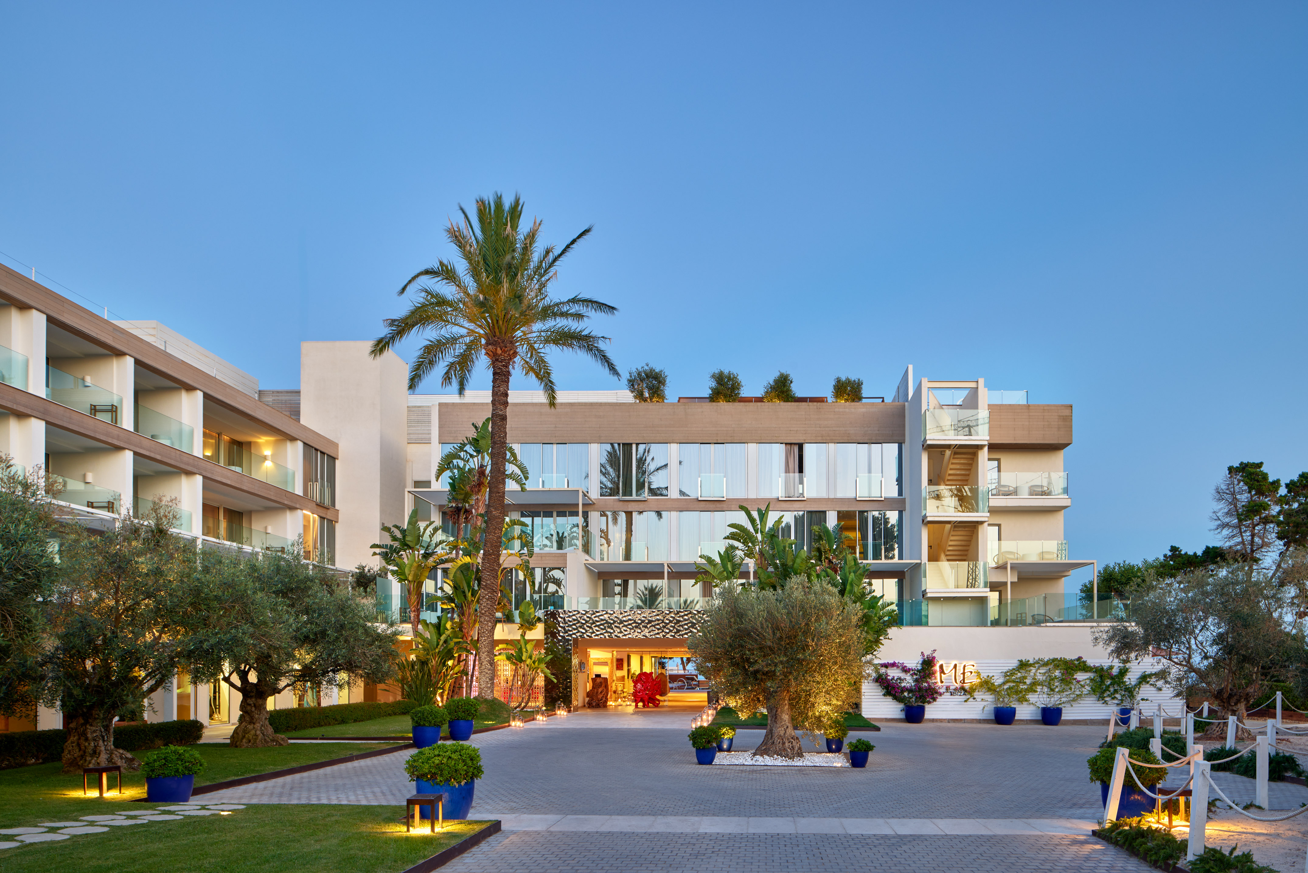 Modern resort entrance at dusk with palm trees and olive trees.
