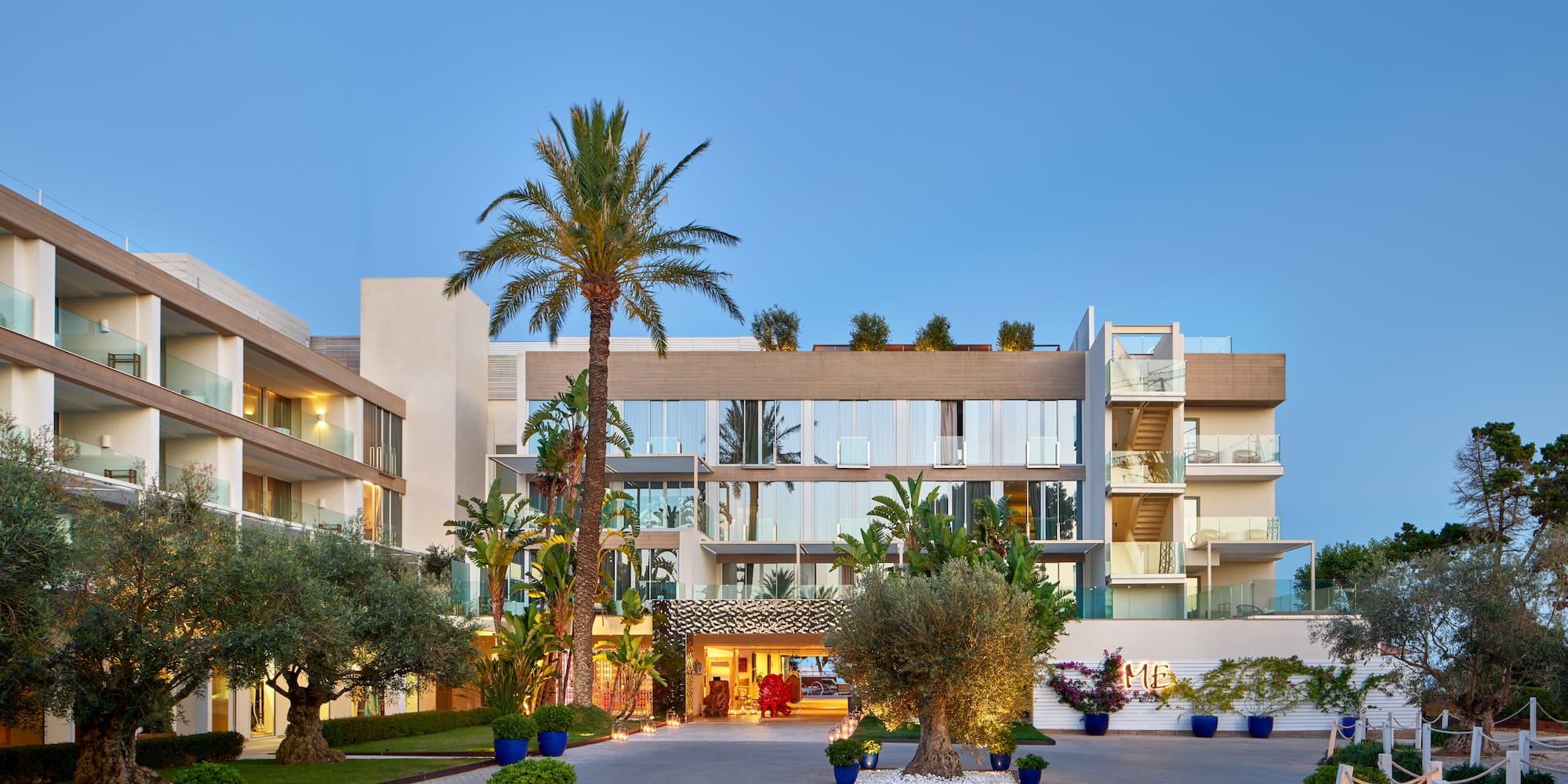 Modern resort entrance at dusk with palm trees and olive trees.