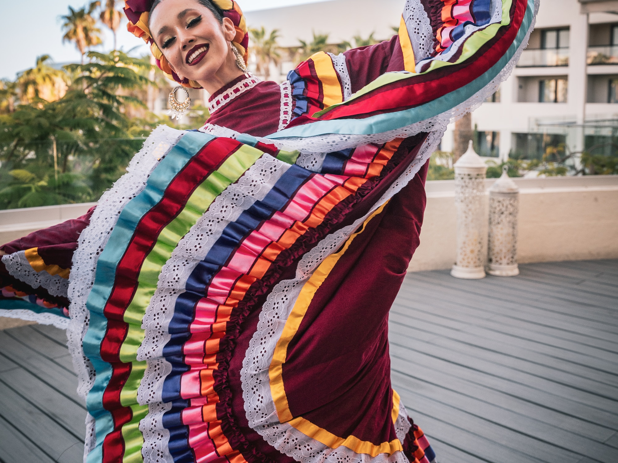 a woman wearing a colorful dress