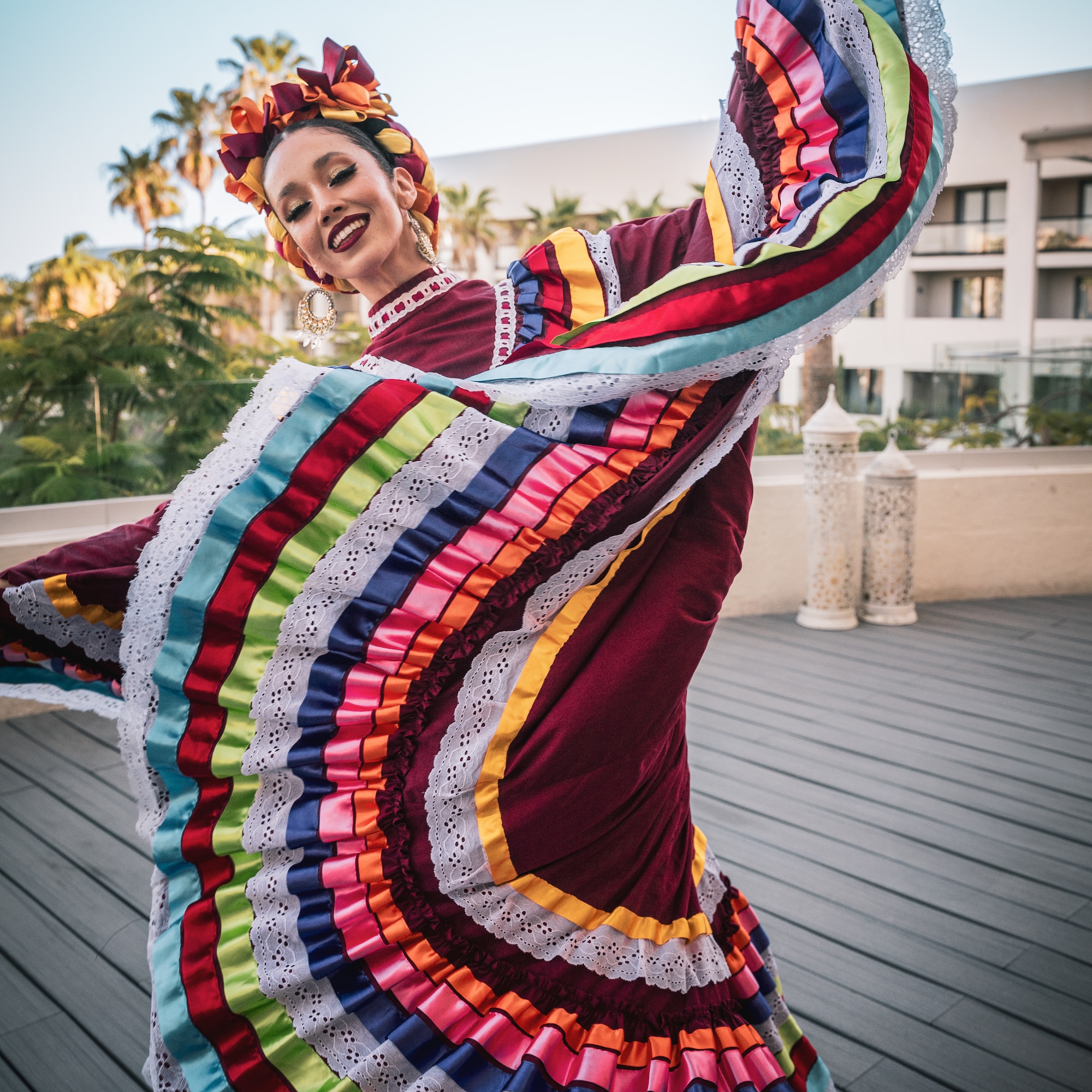 a woman wearing a colorful dress