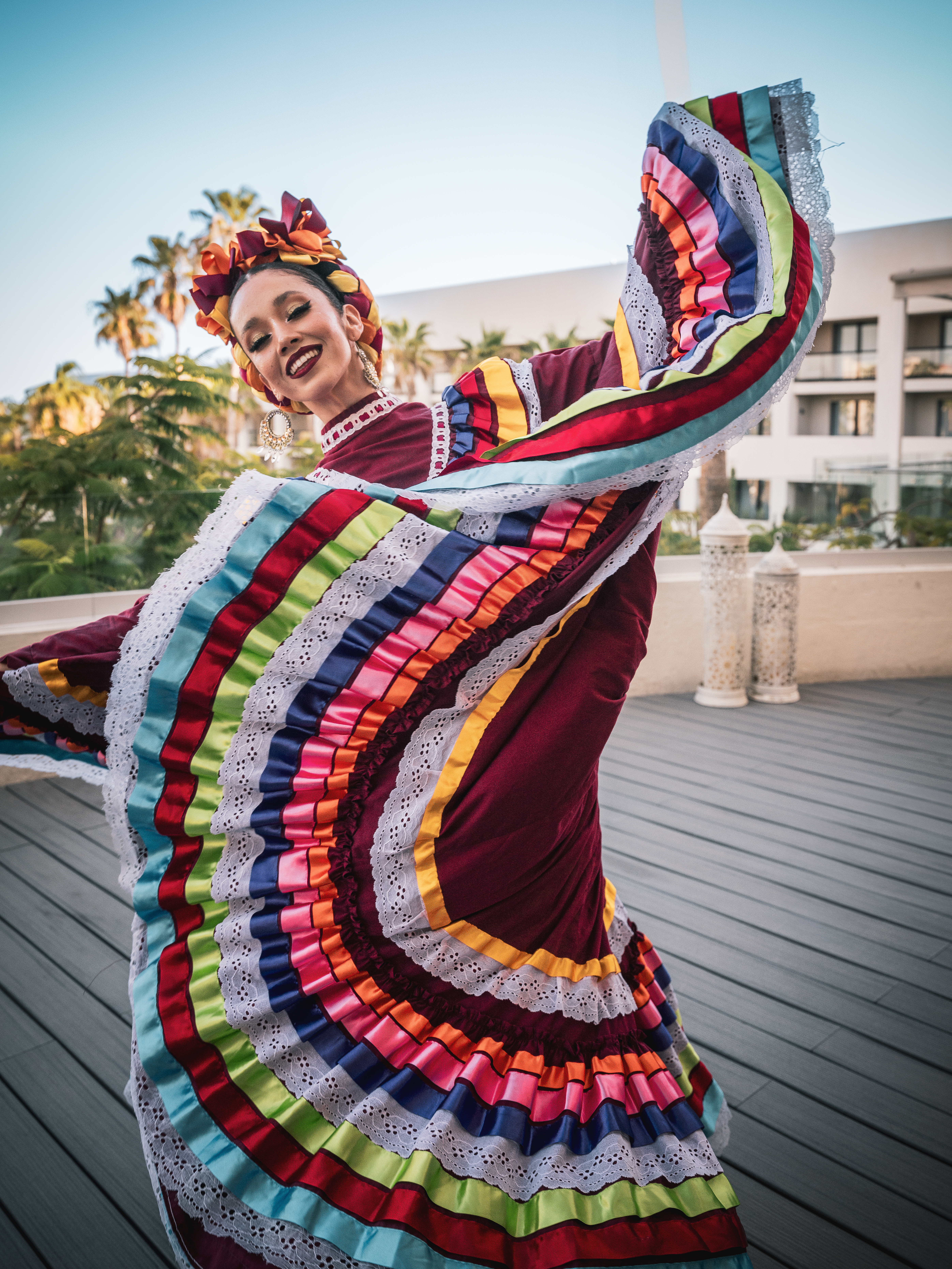 a woman wearing a colorful dress