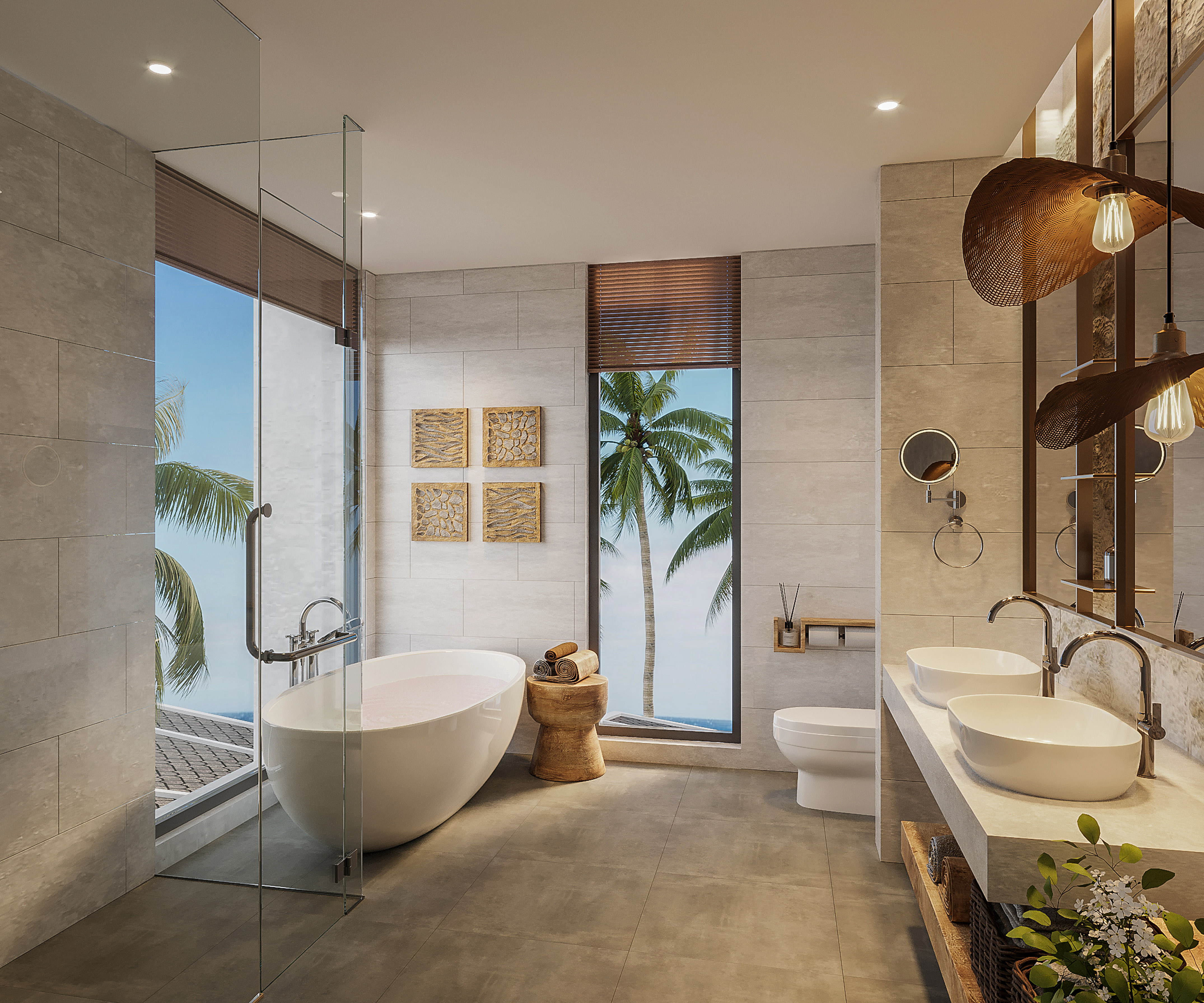 Modern bathroom, freestanding tub, double vanity, and tropical palm tree view.