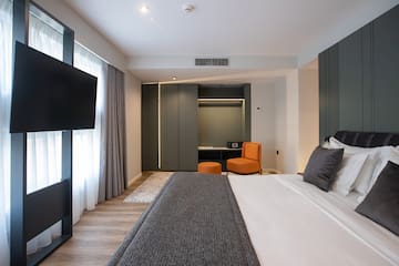 a room with a bed and a television