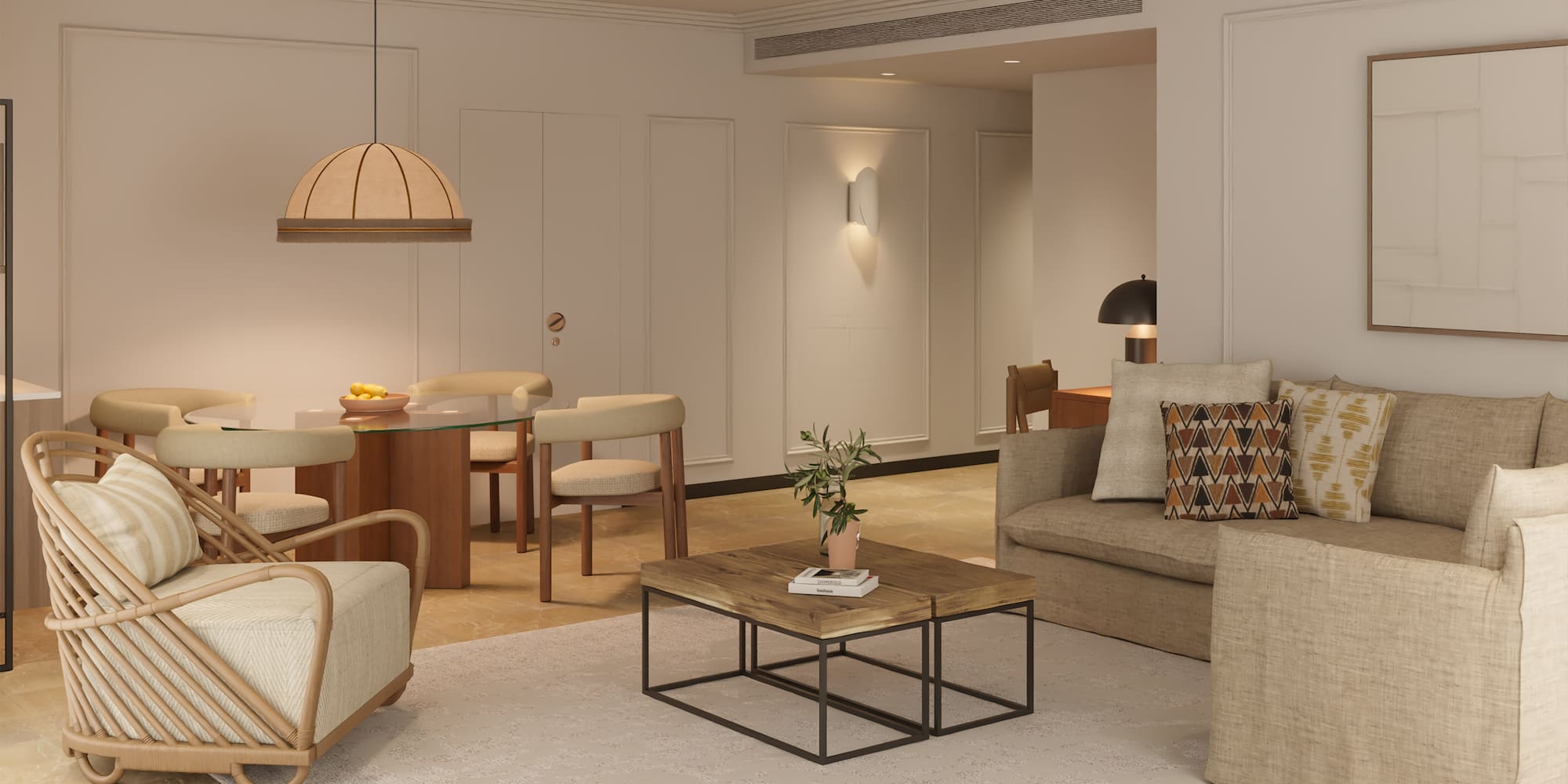 a living room with a couch and a table