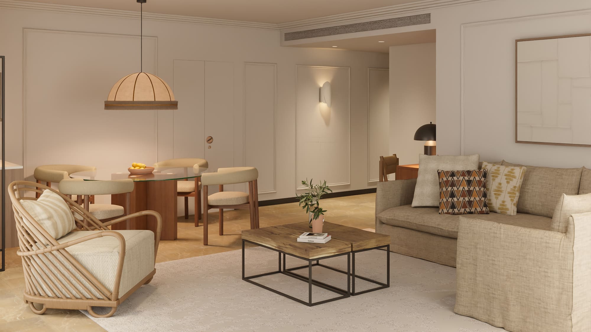 a living room with a couch and a table