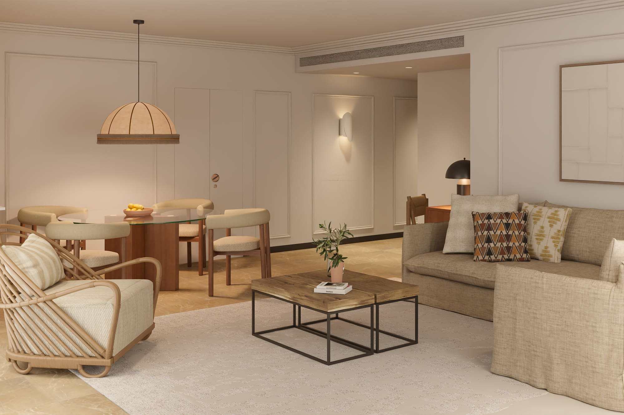 a living room with a couch and a table